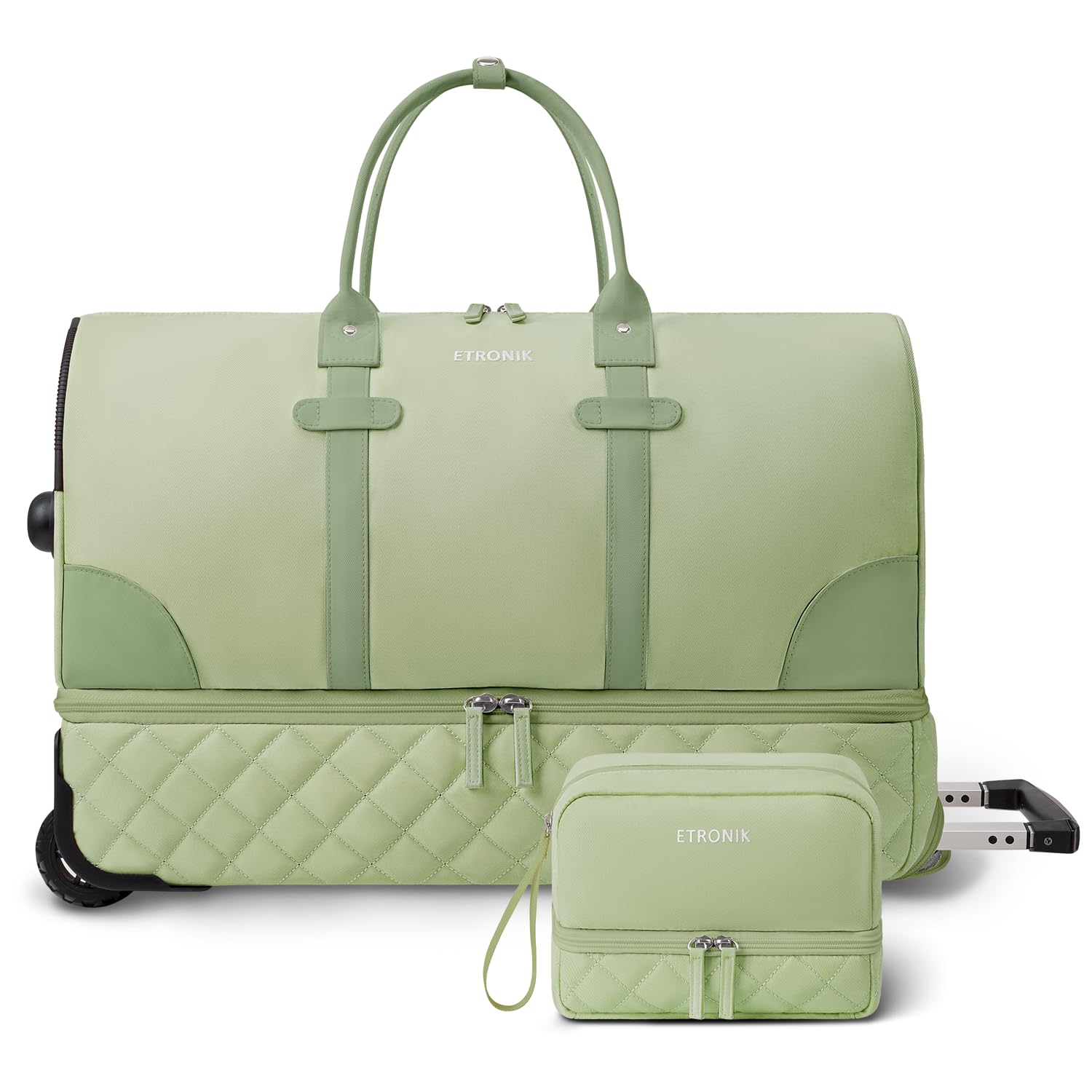 ETRONIK Rolling Duffle Bag with Wheels, 21 Inch Flight Approved Duffle Bag for Travel with Toiletry Bag, Carry on Luggage Overnight Bags for Women with Shoe Compartment, Green