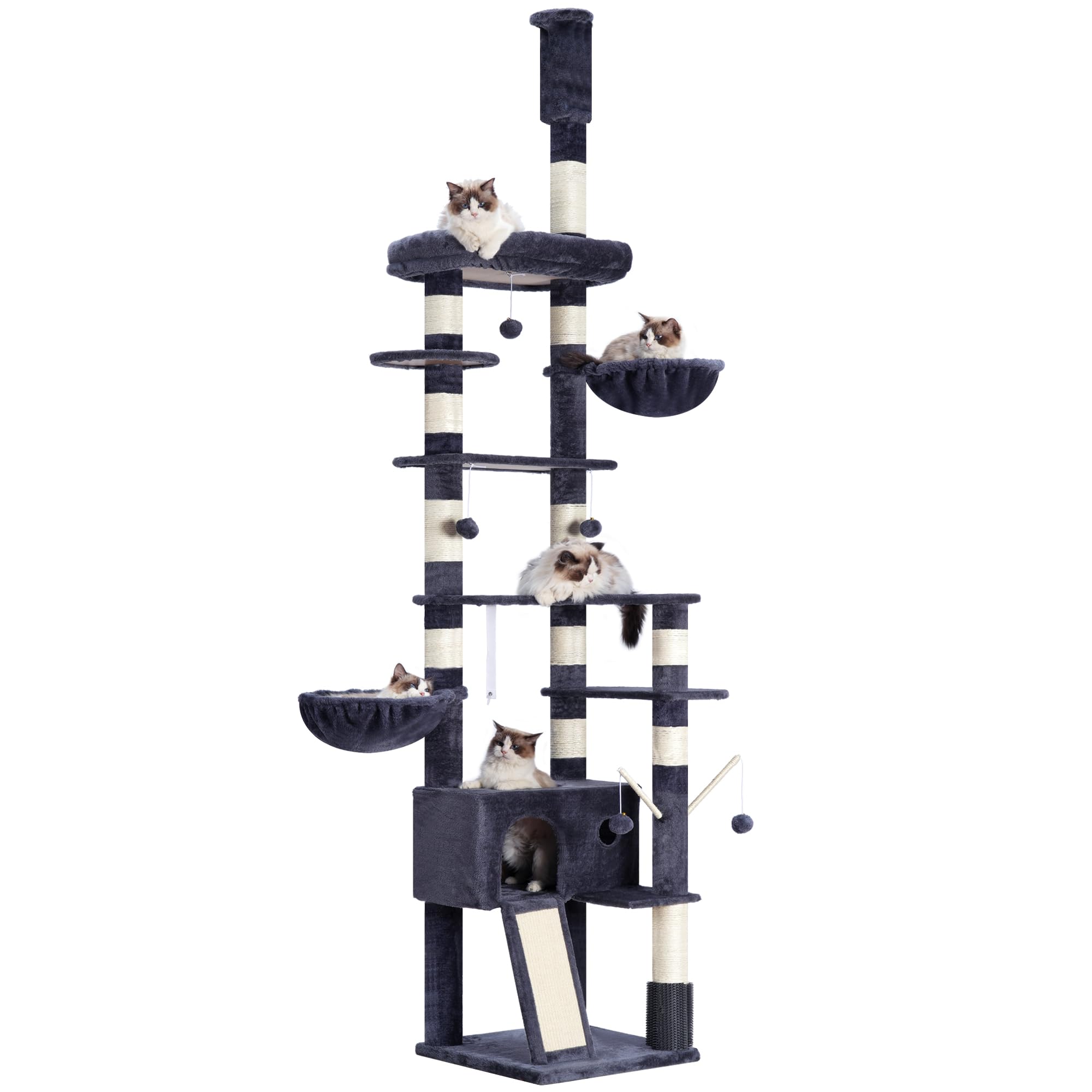 Hey-brother Rascador para Gatos XXL, Altura Ajustable, 250 cm - 280 cm, hasta el Techo, Torre para Gatos Grandes, con Cueva, Color Gris Ahumado 0MPJ091G