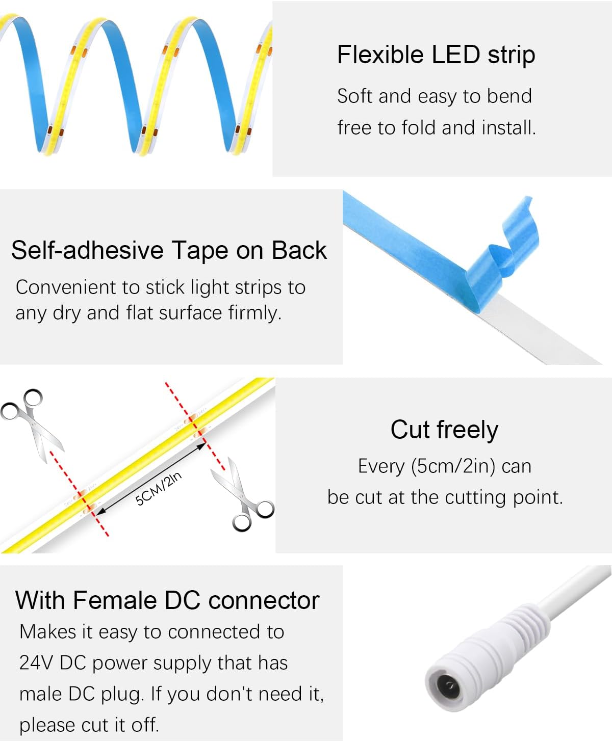 ALITOVE 24V COB Led Light Strip Daylight White 32.8ft 6500K Super Bright Cuttable LED Strip Lights 480leds/M CRI90+ Flexible Uniform LED Tape Light 8mm for Indoor Home&Office Decor(No Power Supply)