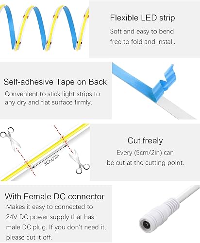 Miniatura 5 de ALITOVE Tira de luz LED COB de 32.8 pies, color blanco, 6500 K, súper brillante, 24 V, tira de luces LED con control remoto, regulable, 3200 LED,