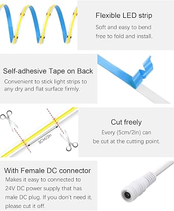 ALITOVE 32.8ft COB Led Strip Light White 6500K Super Bright 24V LED Rope Lights with Remote Dimmable 3200LEDs CRI90+ Uniform Glow LED Tape Light for Mirror Under Cabinet Living Room Study Wardrobe