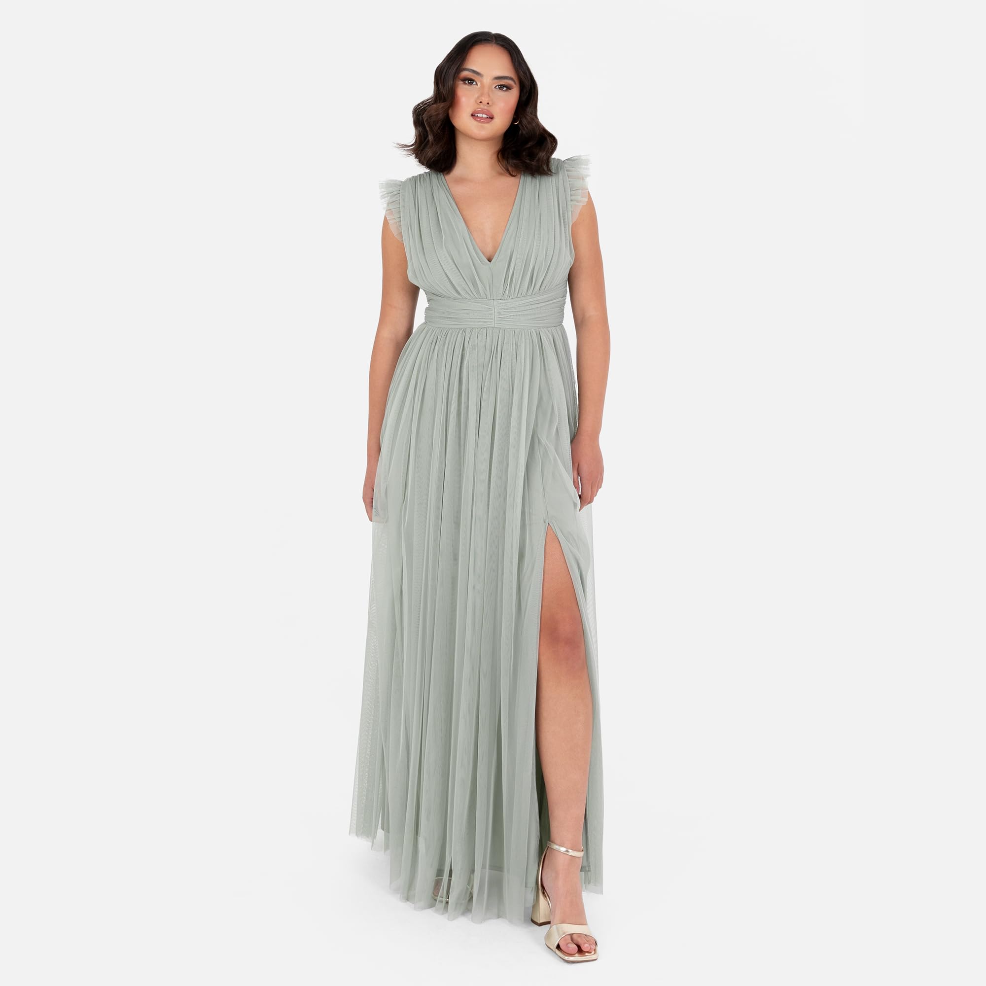 Anaya with Love Damska sukienka maxi damska z dekoltem w serek krótki rękaw split tiul linia A dla gości weselnych wieczór panieński okazja Ball Gown Kobiety, Mrożona zieleń, 42