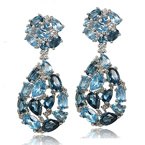 Sterling Silver London Blue, Swiss Blue and White Topaz Cluster Tonal Teardrop Dangle Earrings2