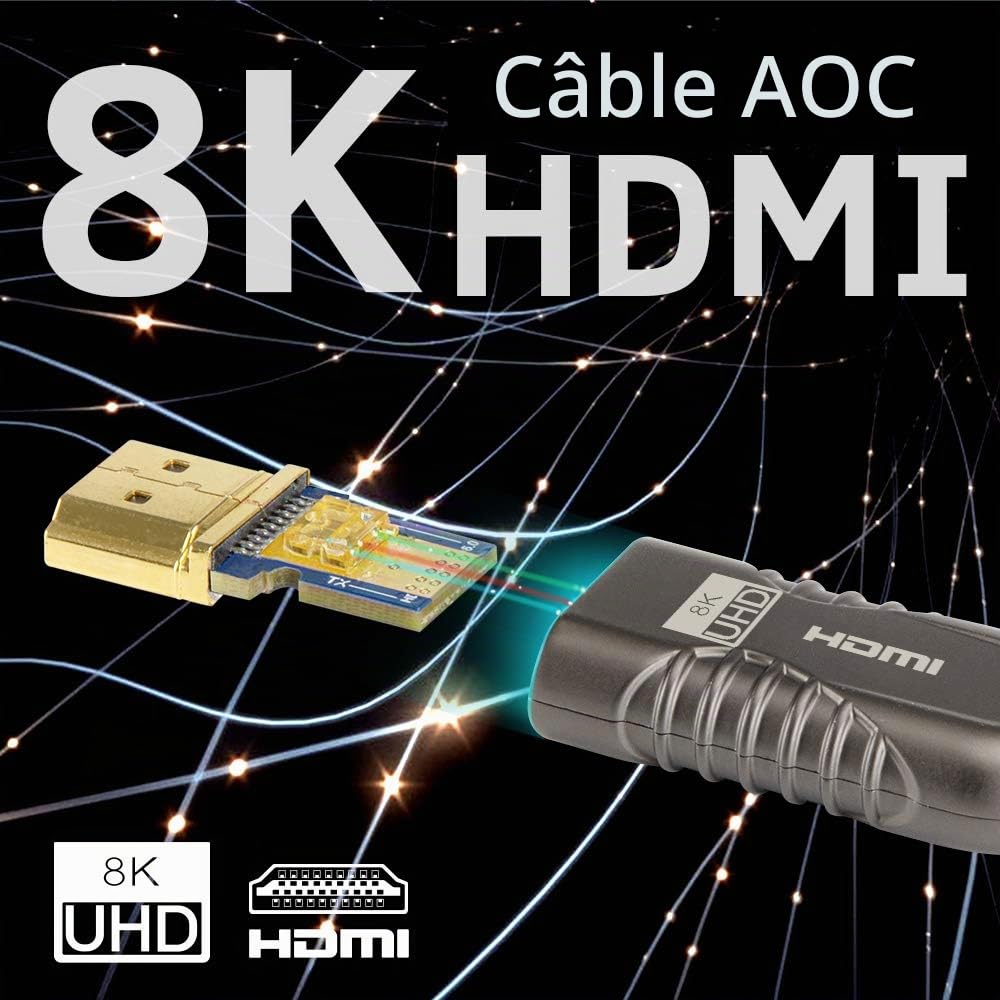 phoossno Câble HDMI 2.1 Fibre Optique 8K Certifié Gen 2 Câble HDMI Ultra Haute Vitesse 48Gbps HDR eARC HDCP2.2 2.3 Support 4K 120Hz 8K60Hz Compatible avec PS5 Xbox RTX3080/3090/LG C9/B9 (50FT)