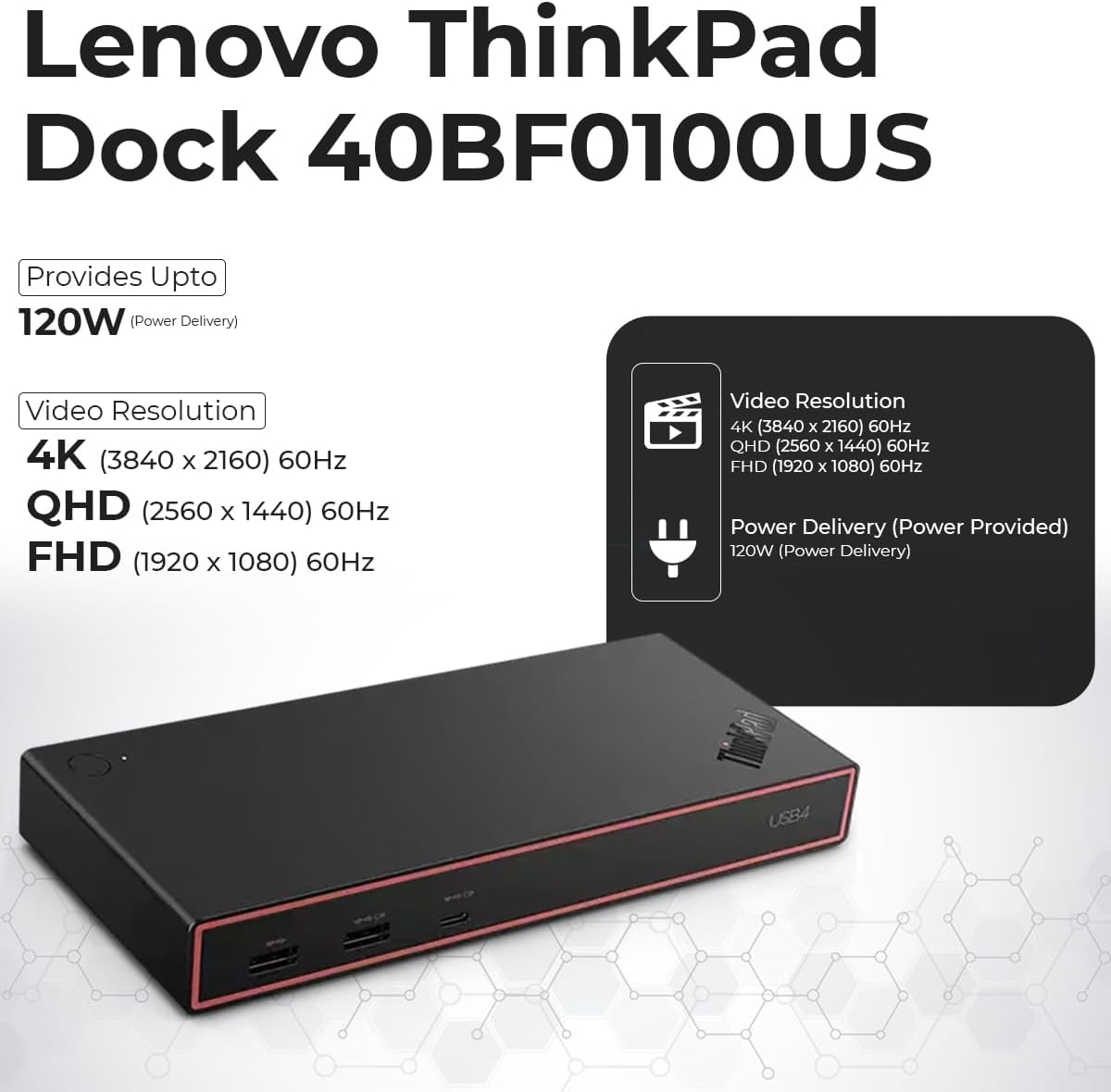 40BF0100US USB4 Docking Station for Laptops with 135W Adapter, HDMI, DisplayPort, USB C Cables & Cloth- Docking Station
