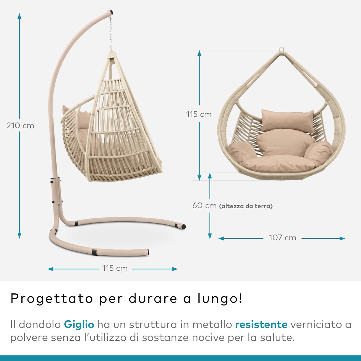 DESHOME Giglio - Dondolo da giardino singolo Sedia a dondolo da esterno Poltrona sospesa da giardino Sedia sospesa da esterno Grigio