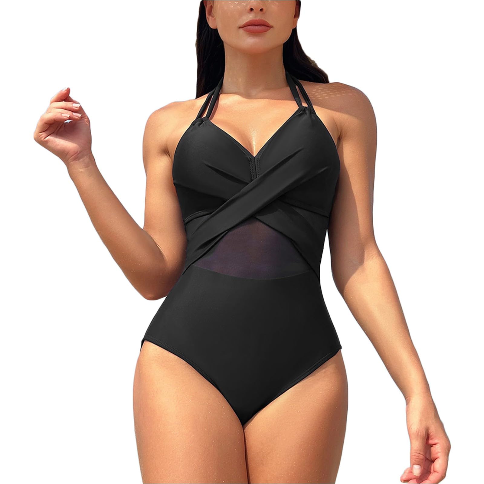 LMSXCT Women Sexy Mesh One Piece Tummy Control Swimsuit Push Up High Waisted Bathing Suit Trendy Halter Front Cross Swimwear