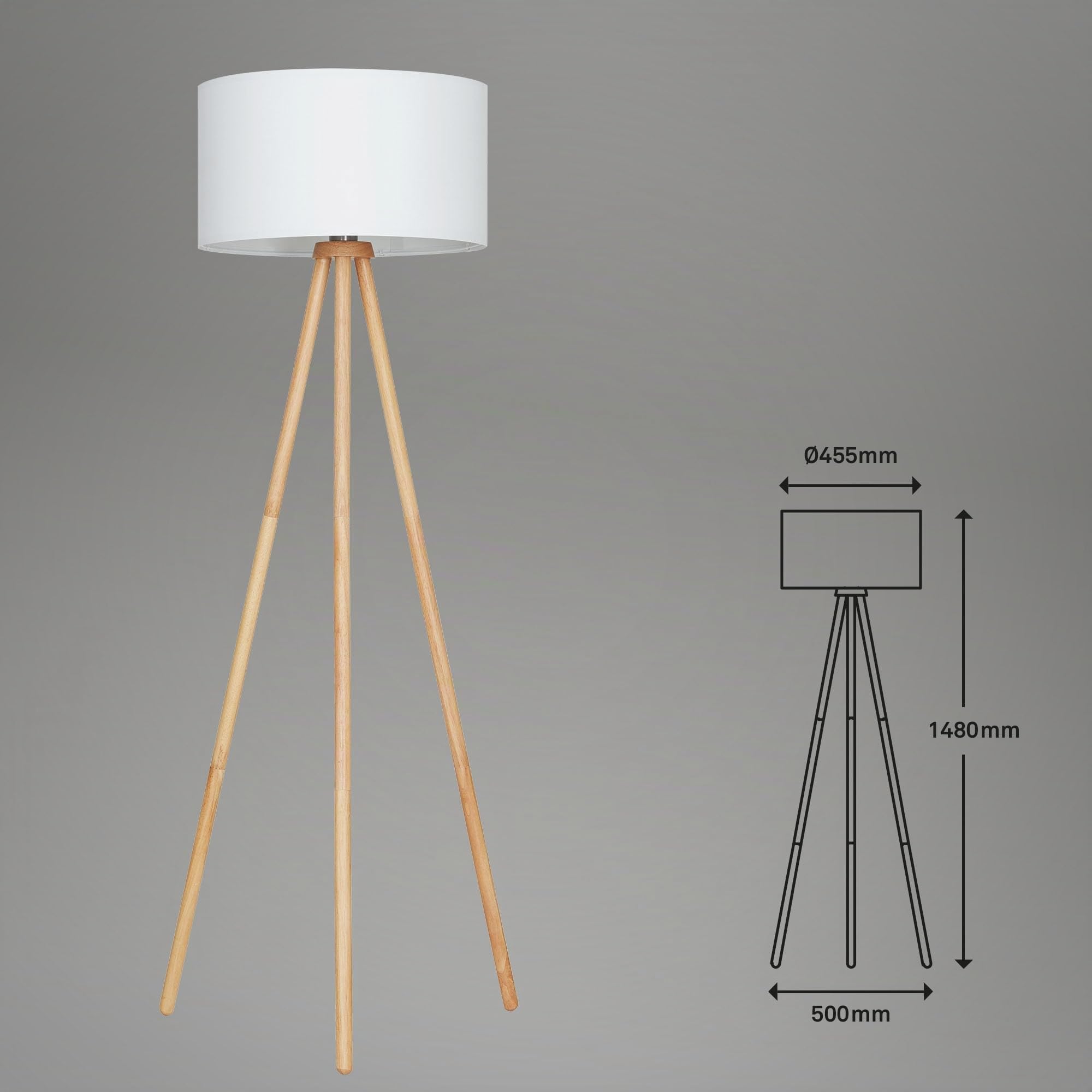 Briloner Leuchten 1379-016 Lampadaire intérieur moderne en bois avec abat-jour en tissu blanc – Douille E27, 60w max. – Lampe au sol pour le salon ou la chambre à coucher - 455 x 1,480 mm (D x H)