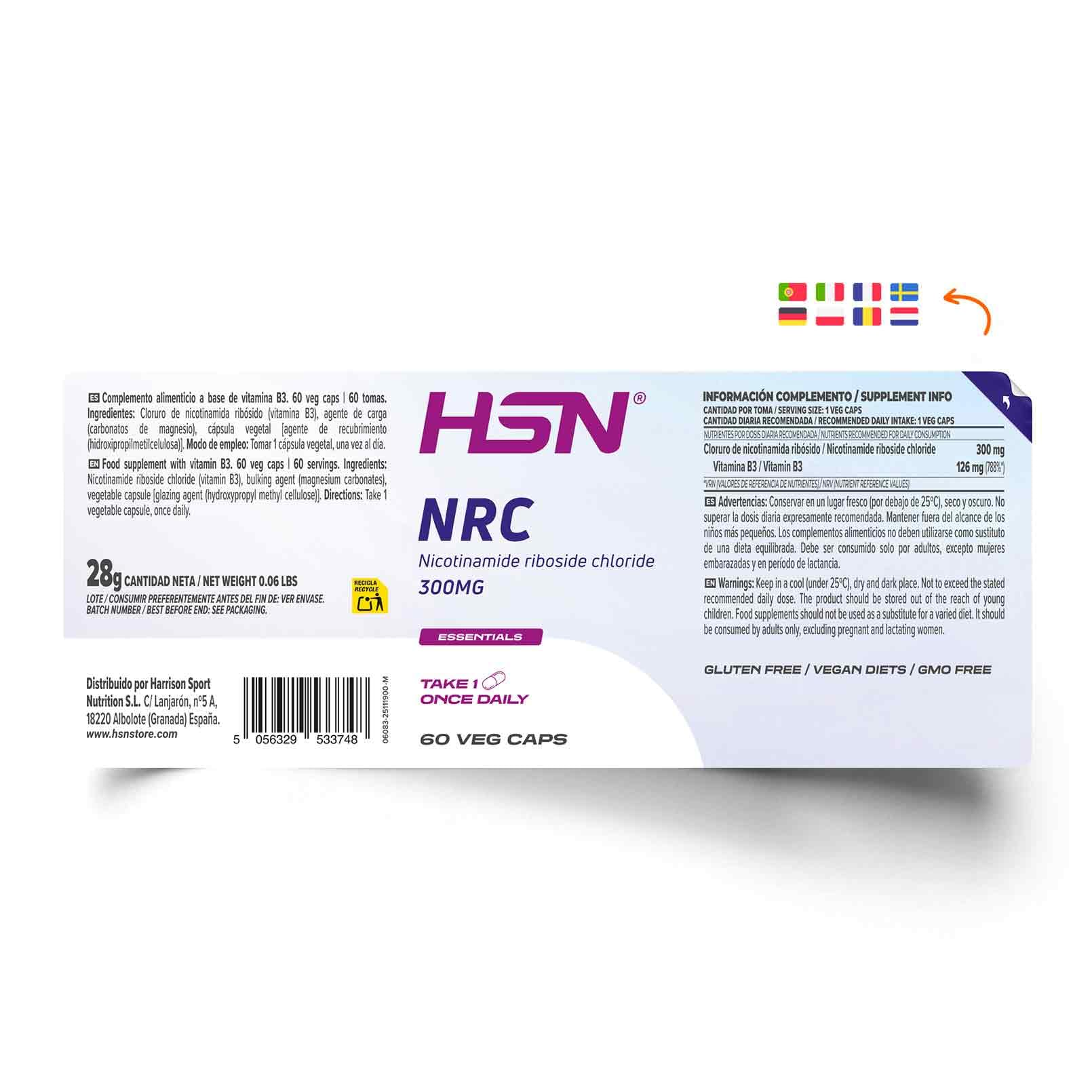 HSN Nicotinamida Ribósido NRC 300mg | 60 Cápsulas Vegetales | Precursor NAD+ Alta Pureza | Vitamina B3 para la Energía y Reducción del Cansancio | No-GMO, Vegano y Sin Gluten