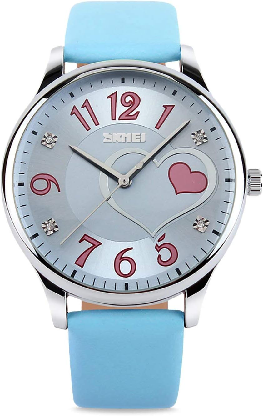 IJAHWRSGirls Analog Watch, Fashion Lady Quartz Wrist Watch Leather Band Big Face Fun Cute Watches with Lovely Heart Shape Waterproof - Blue