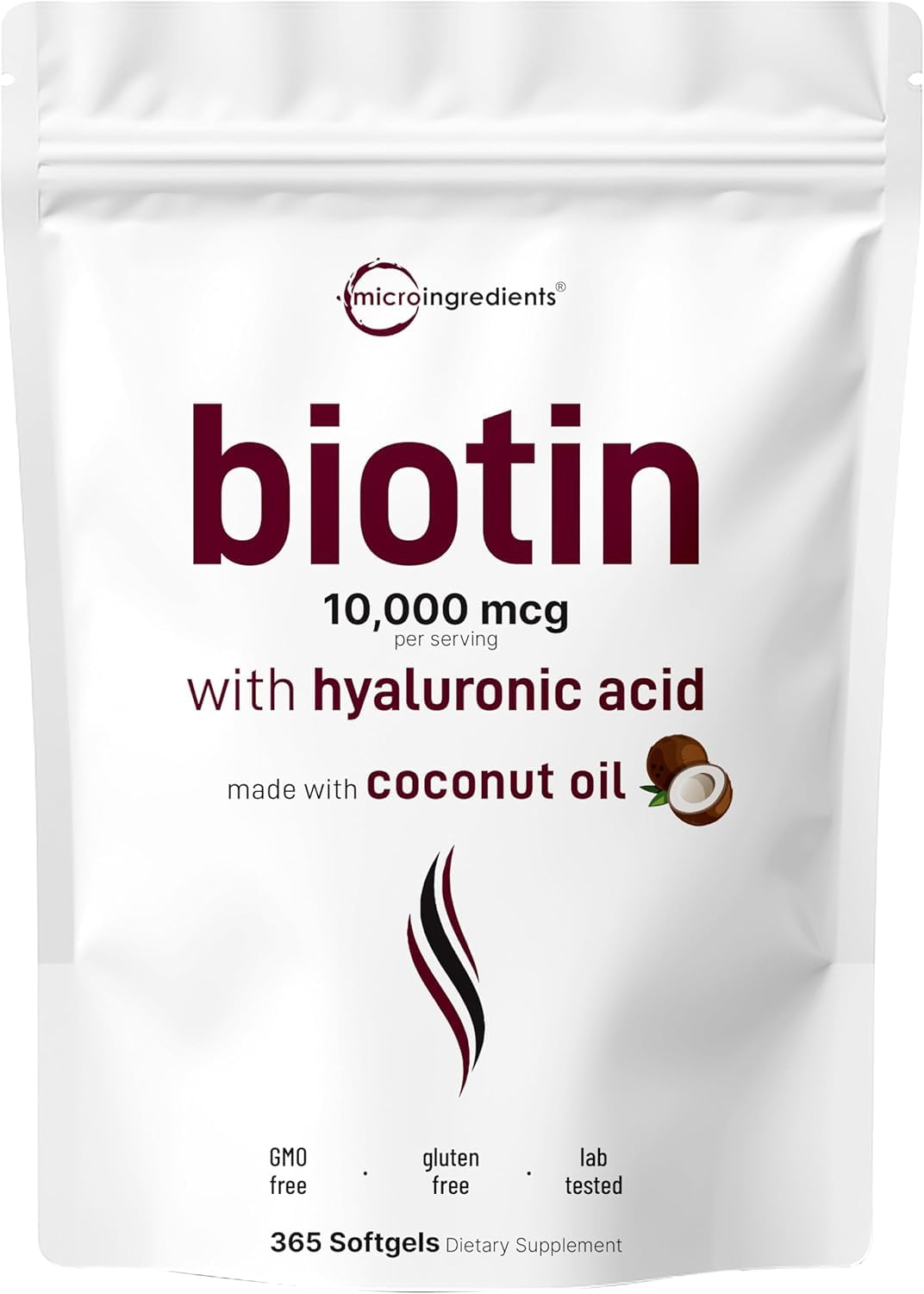 Micro Ingredients Biotin 10,000mcg w/Hyaluronic Acid 25mg | 365 Virgin Coconut Oil Softgels, Fast Release, One Year Supply, Non-GMO & No Gluten