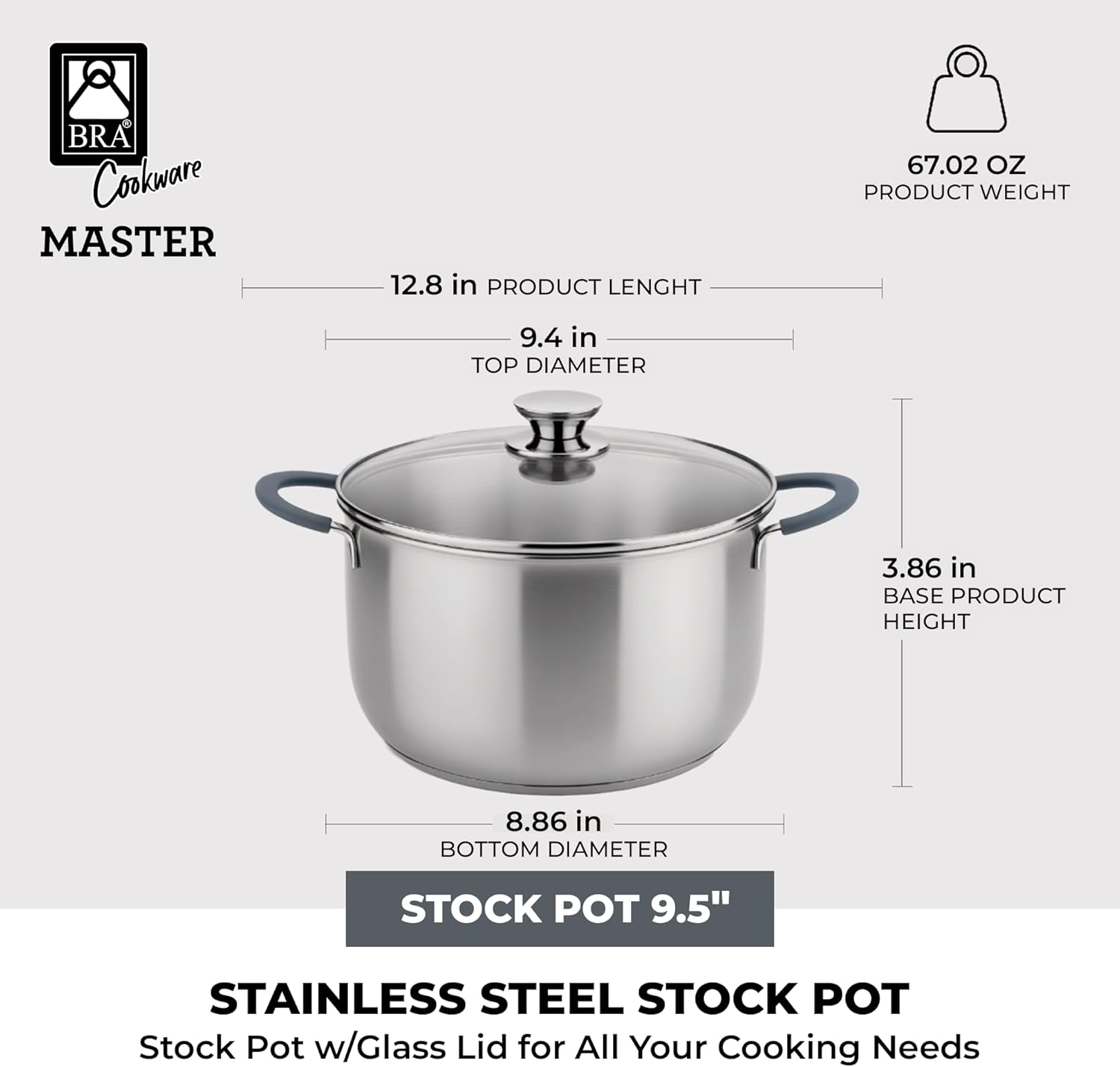 BRA COOKWARE Master Stainless Steel Stock Pot w/Glass Lid | 9.5 Inch 4 Quart Premium 18/10 Cooking Pot | PFAS Free Deep Pot | Silicone Coated Handles | All Cooktops (incl. Induction) | Shiny Finish