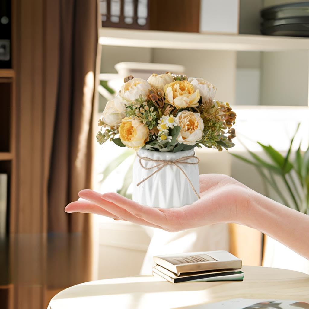 Hbluefat Faux Flowers with Vase,Artificial Silk Flowers in Ceramic Vase,Small Fake Flower Arrangement for Home Office Kitchen Bathroom Coffee Dining Table Centerpiece Decor (Yellow,Chrysanthemum)