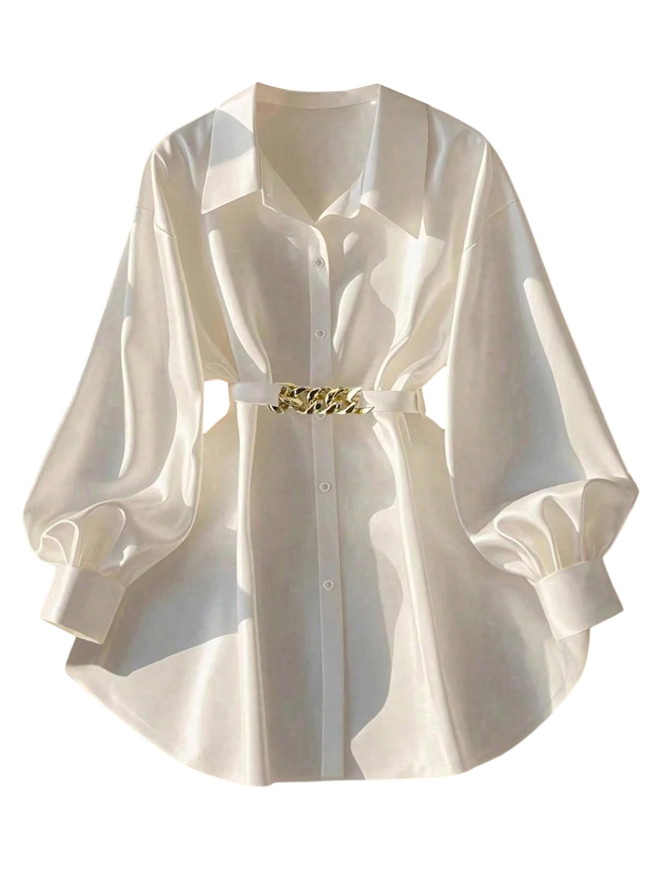 GORGLITTER Blusa elegante para mujer, cuello de camisa, camiseta larga con cinturón, manga larga, para el tiempo libre, para oficina, ropa de negocios