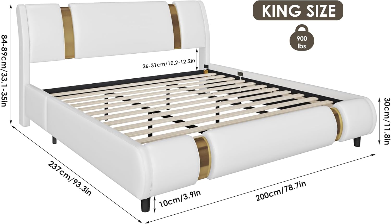 TTVIEW Modern Faux Leather Upholstered Platform Bed Frame with Golden Iron Metal Decor, Adjustable Curved Headboard, Wooden Slats Support, No Box Spring Needed, King Size, White