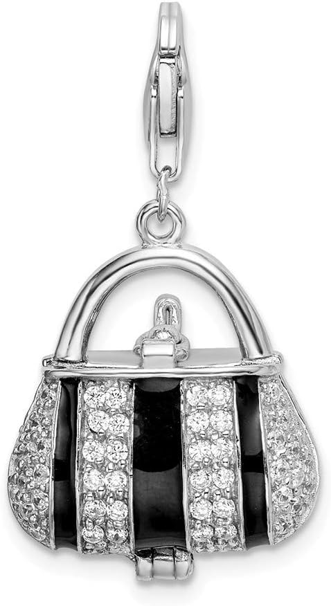 Solid 925 Sterling Silver Black Enameled Cubic Zirconia CZ Handbag Lobster Clasp Charm (0.67 x 0.83 Inches)