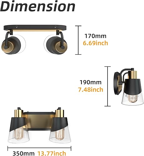 Vista 37 de URSOLA Lámpara de tocador de baño, 3 luces de baño sobre espejo, accesorios de iluminación de baño de 20.47 pulgadas, diseño negro y dorado