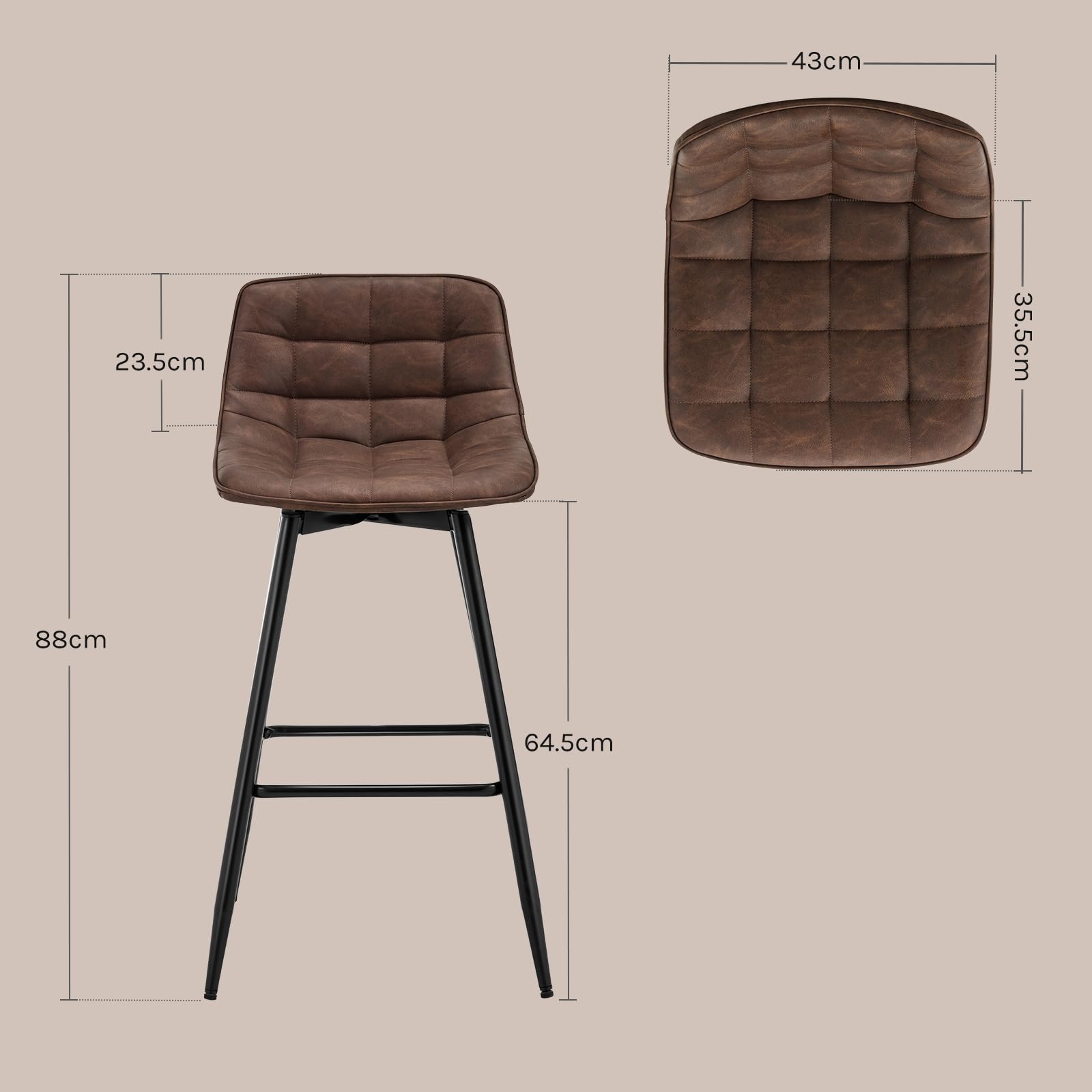 WOLTU 4 X Tabouret de Bar Bistro Chaise de Bar Assise rembourrée en Similicuir avec Pieds et Repose-Pieds en métal,Brun BH249br-4