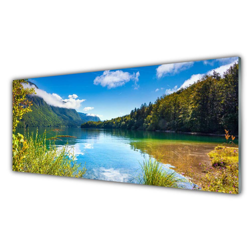 Tableau Mural Montagne Forêt Lac en Verre Trempé 125x50cm Tulup Décoration Moderne