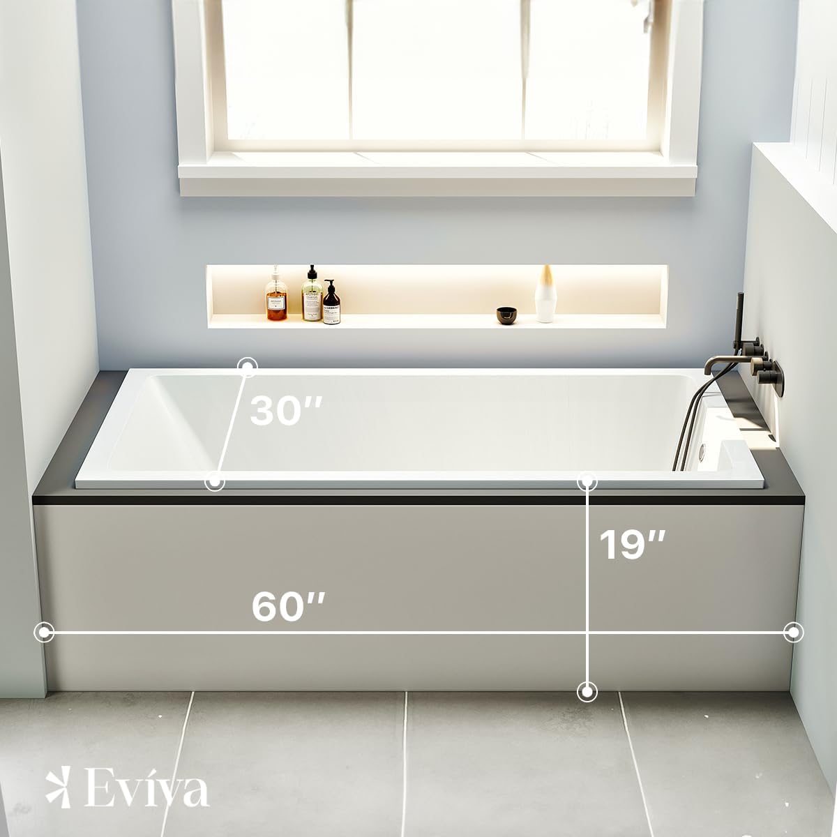 Eviva Teddy 59-Inch Acrylic Bathtub Non-Slip Deep Soaking Bathtub 61-Gallon Drop-In Modern Soaker Deep Rectangular Bath Tub in Glossy White
