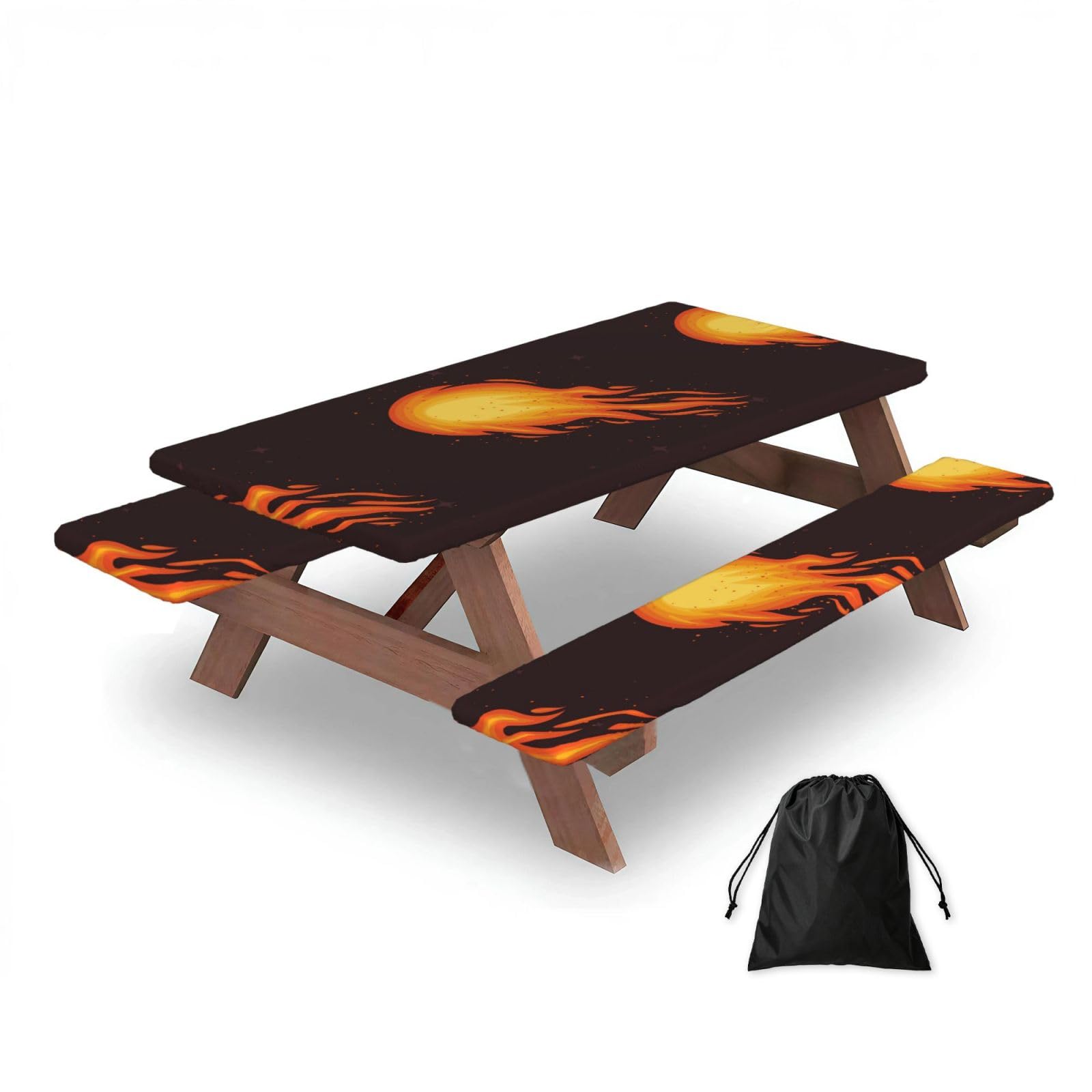 Red Falling Fireball Flame Pattern, Picnic Table Cover With Bench Covers -Waterproof Elastic Fitted Tablecloth for Garden Camping Patio 76x152cm