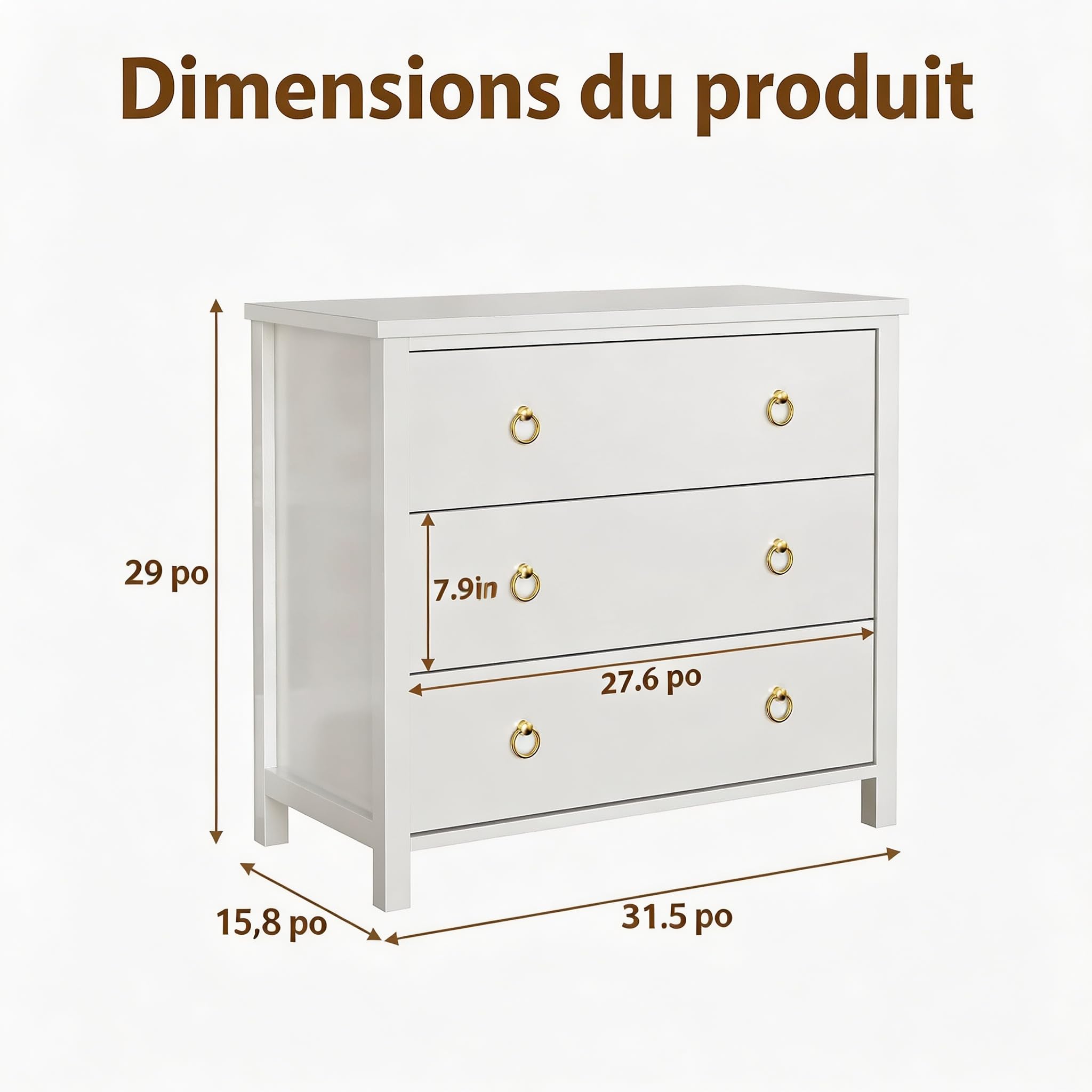 Commode 3 tiroirs Blanche poignées dorées