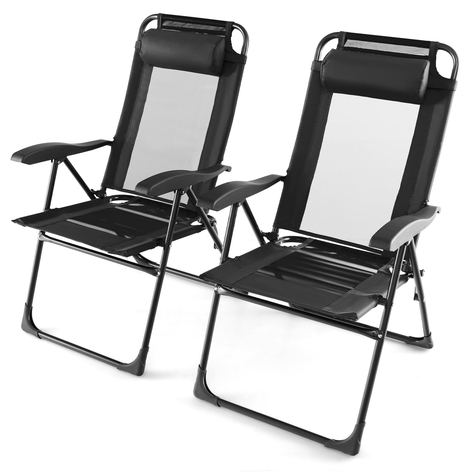COSTWAY Set of 2 Folding Zero Gravity Chair, 7 Positions Adjustable Garden High Back Recliner Sunlounger with Headrest Pillow, Outdoor Camping Chair for Beach Patio Deck (150kg Capacity, Black)