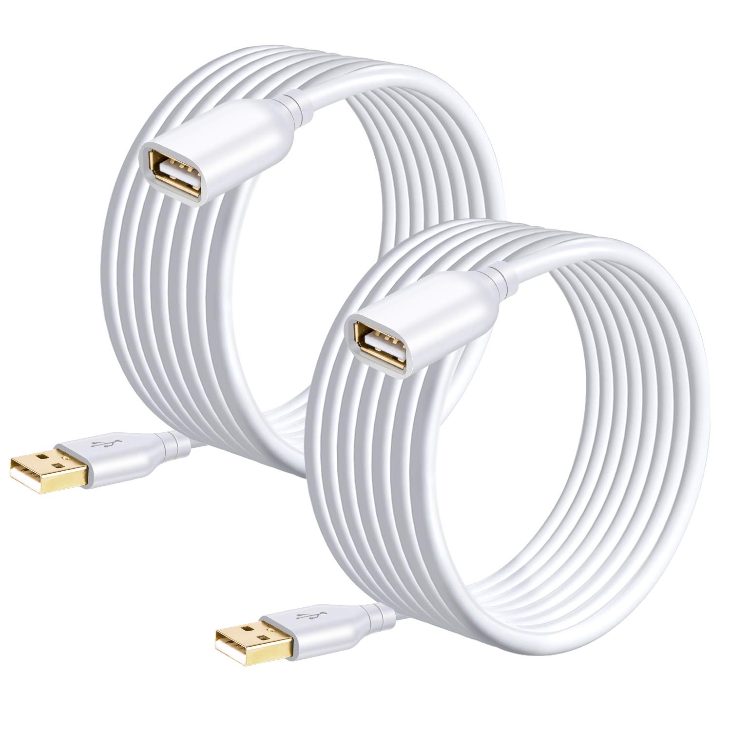 Costyle - Extensión USB (2 unidades, USB 2.0, 16 pies/5 m, USB tipo A macho a hembra, cable de extensión USB con conectores chapados en oro, compatible con Flash Drive, ratón, teclado (blanco, blanco)