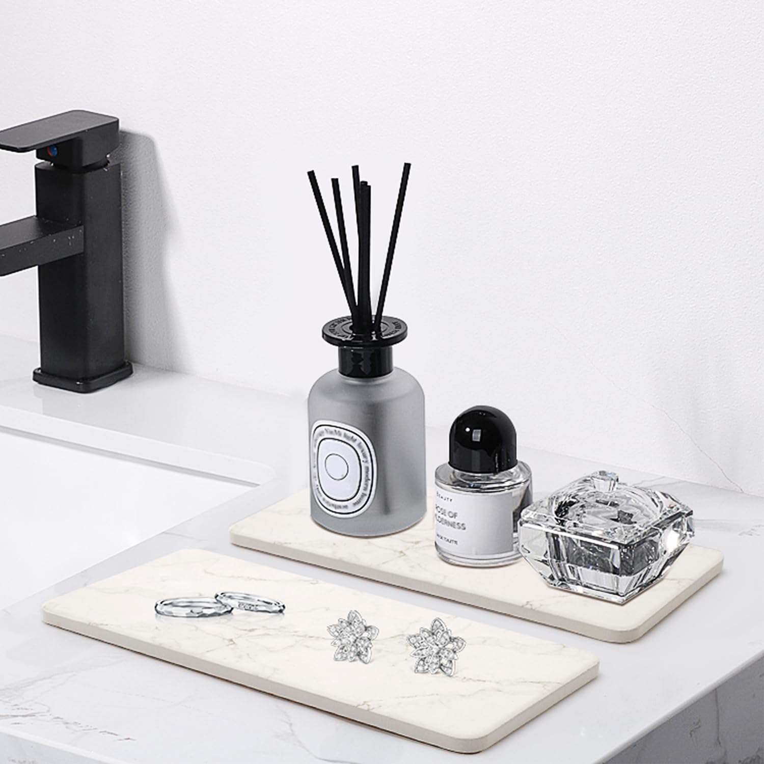 2 piezas de bandejas de secado de piedra absorbente de agua para fregadero, accesorios de baño, bandeja de jabón de cocina, dispensador de jabón de cerámica blanca, soporte para platos de mármol