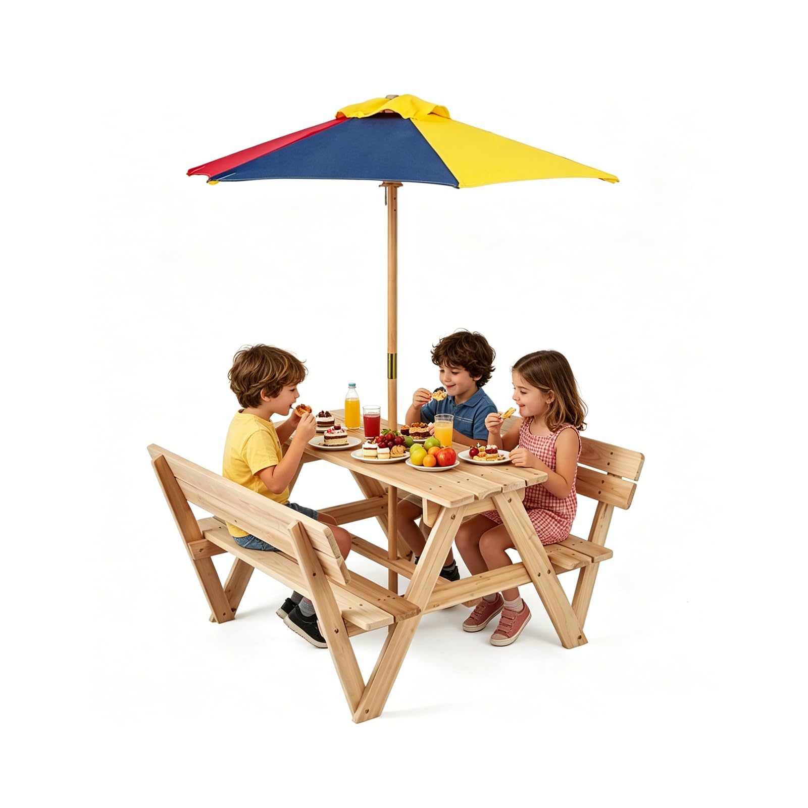 LIFEZEAL Set da Giardino per Bambini in Legno di Abete | Tavolo e Panche da Giardino con Ombrellone Rimovibile e Regolabile, Panche con Schienale, per Cortile, Portico, Patio