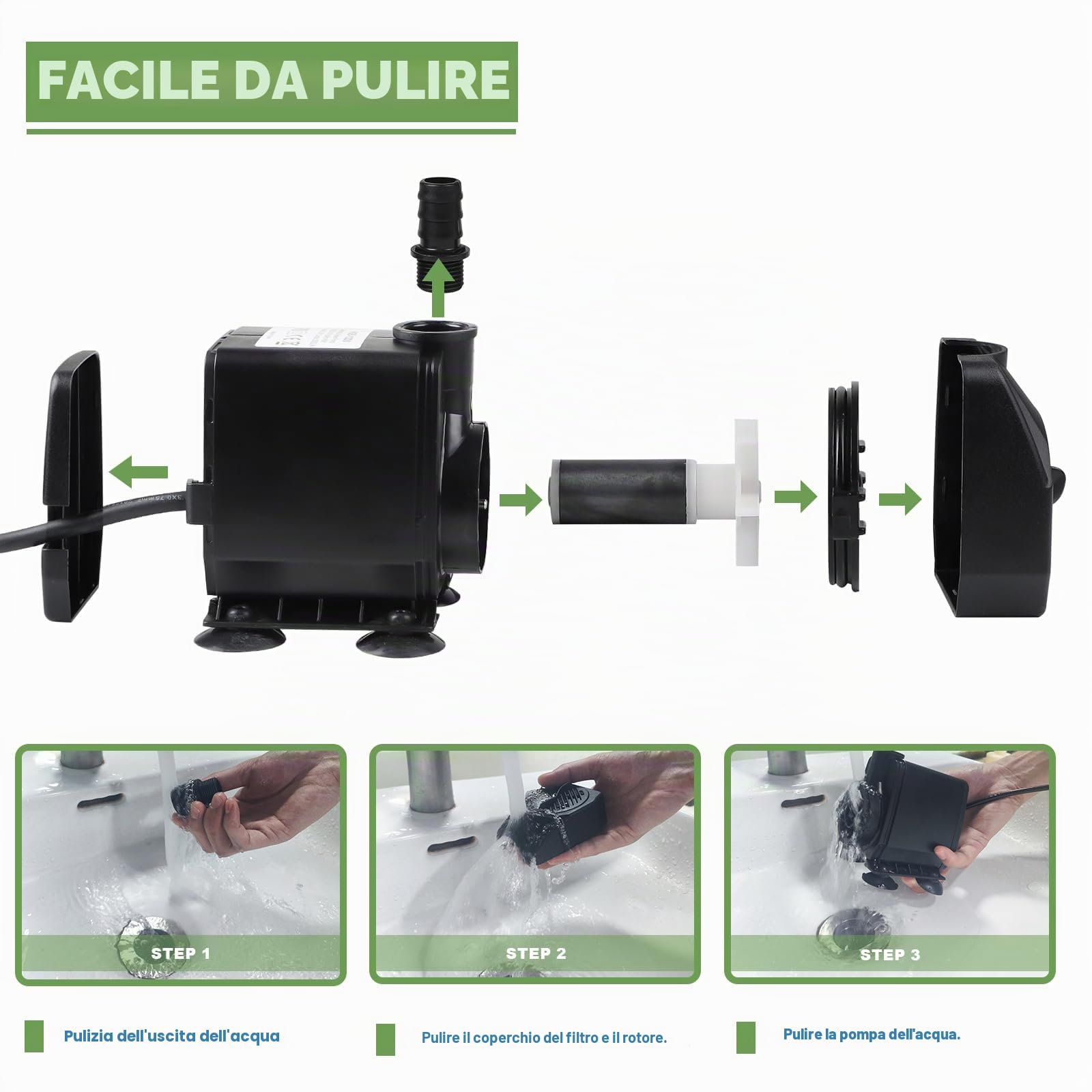 EXLECO Pompa Laghetto 4500L/H 95W con Filtro per Acquario, Fontana Stagno e Ruscello - 4 Ugelli, 5M Cavo, 3 Stili di Fontana