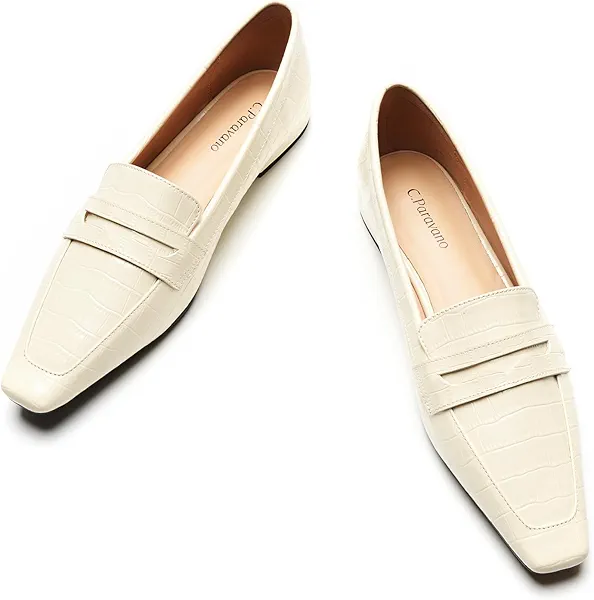 C.Paravano Penny Loafers for Women, Crocodile-Embossed Slip-ons Comfortable Dressy Formal Dress Square Toe Flats Loafer Shoes for Business Casual Wear 6 C-cream
