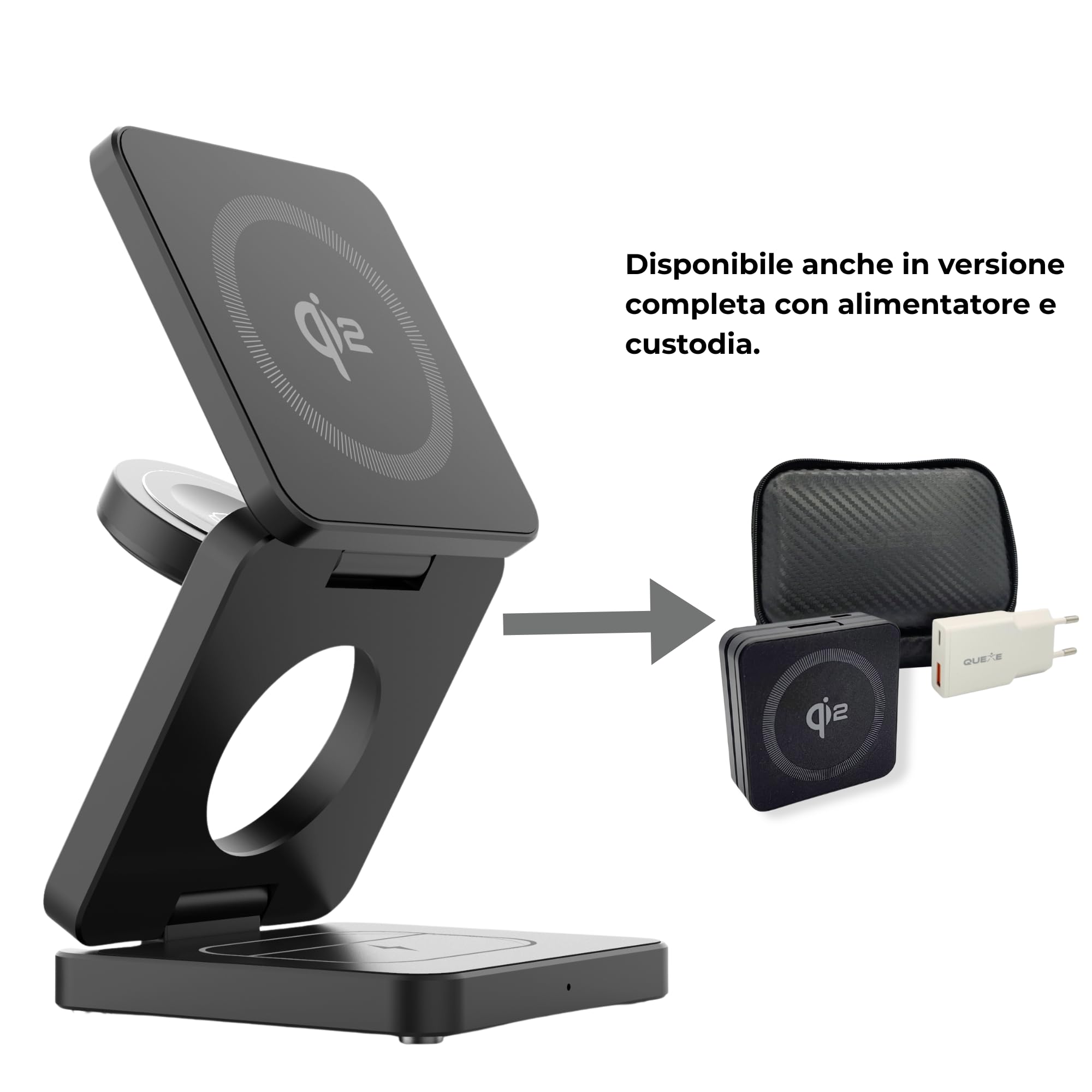 Caricatore Wireless 3 in 1 Pieghevole e Compatto Certificato Qi2 - Stazione Ricarica Compatibile MagSafe per iPhone, Apple Watch ed AirPods - Versione PRO in Alluminio - Nero