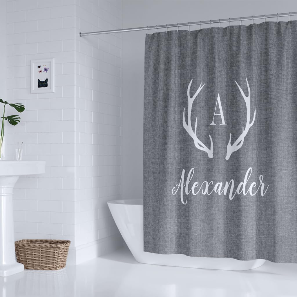 Shower Curtain, Rustic Gray Antler Monogram Farmhouse Shower Curtains with 12 Hooks, Bathroom Bathtub Decor, Waterproof Shower Curtains for Bathroom, 66x72 Inches