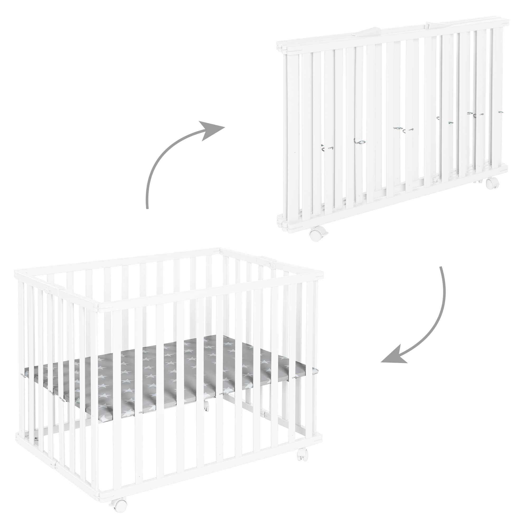 roba Parc Bébé Pliable en Bois 74 x 100 cm + Tapis de Parc Little Stars toilé Gris - Évolutif et Peu Encombrant - Hauteur Ajustable 2 Fois - 4 Roulettes à Freins - Laqué Blanc