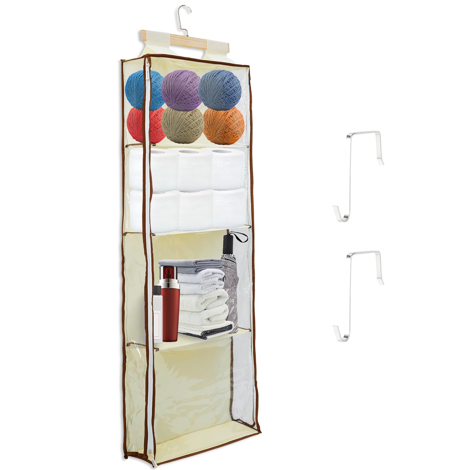 ZLHETWT Hanging Yarn Holder, Hanging Yarn Storage Bag, Hanging Yarn Storage Knitting Organizer with Zippers Clear Hanging Yarn Storage Organizer for Knitting Needles Crochet Hooks (Beige)