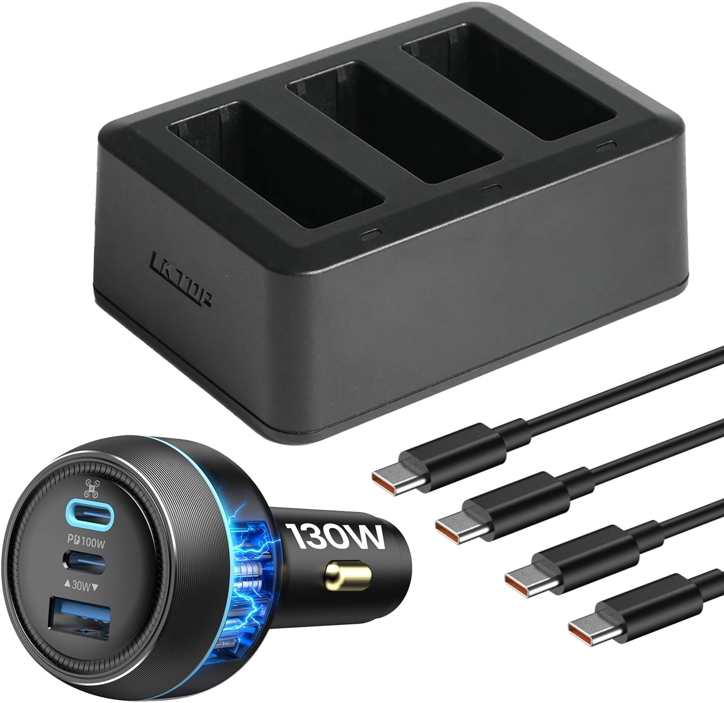 LKTOP 36W Osmo Action 6/5 Pro/4/3/360 Parallel Charging Hub Kit for DJI Osmo Action/360 Series Camera Accessories, with 100W Drone Car Fast Charger (Charge 3 Batteries Simultaneously: 1hr 10min)