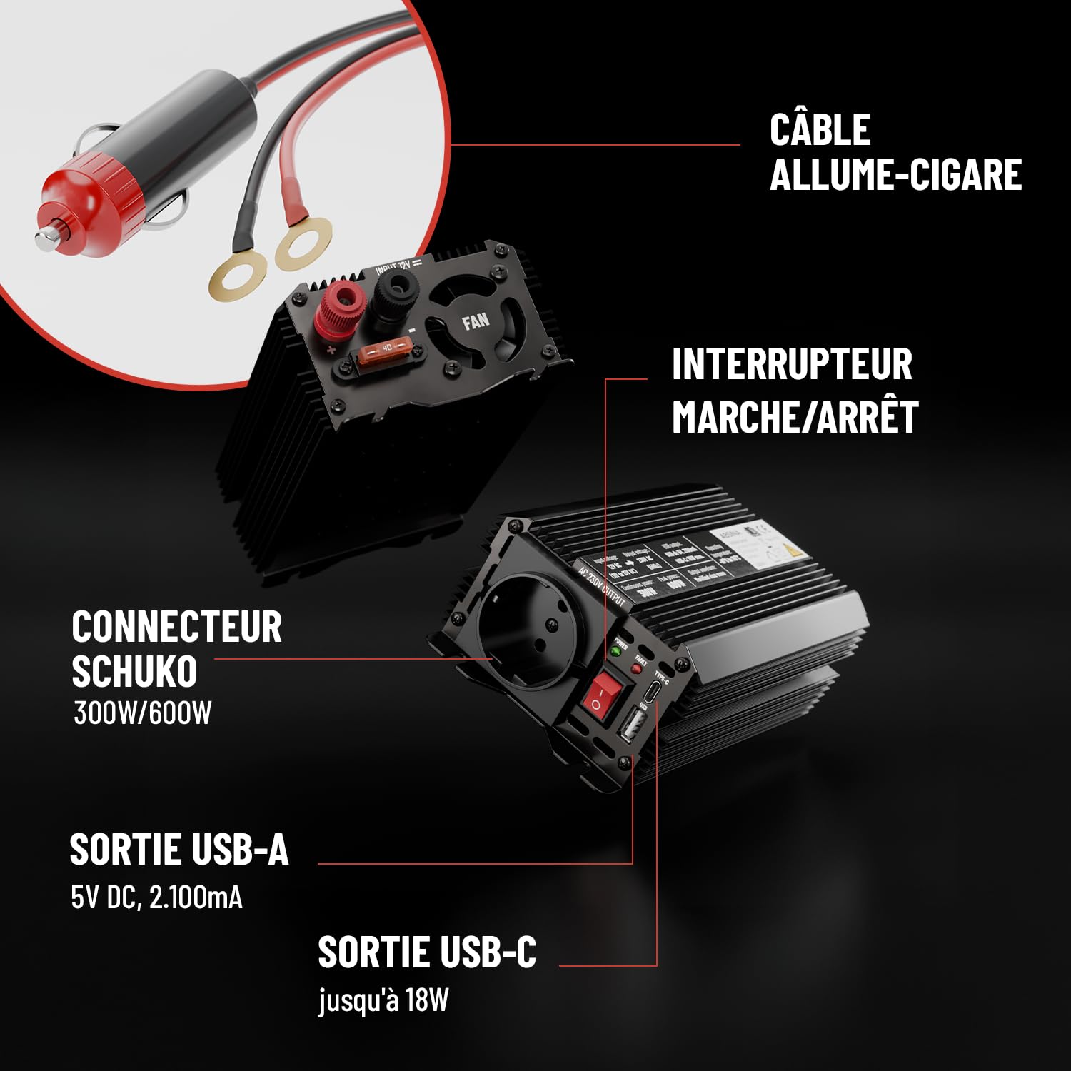 ABSINA Convertisseur 12V 220V 300W - Convertisseurs électriques pour Auto | à onde sinusoïdale modifiée - Onduleur 12V 220V 300W avec puissance de crête 600W - Convertisseur allume cigare prise