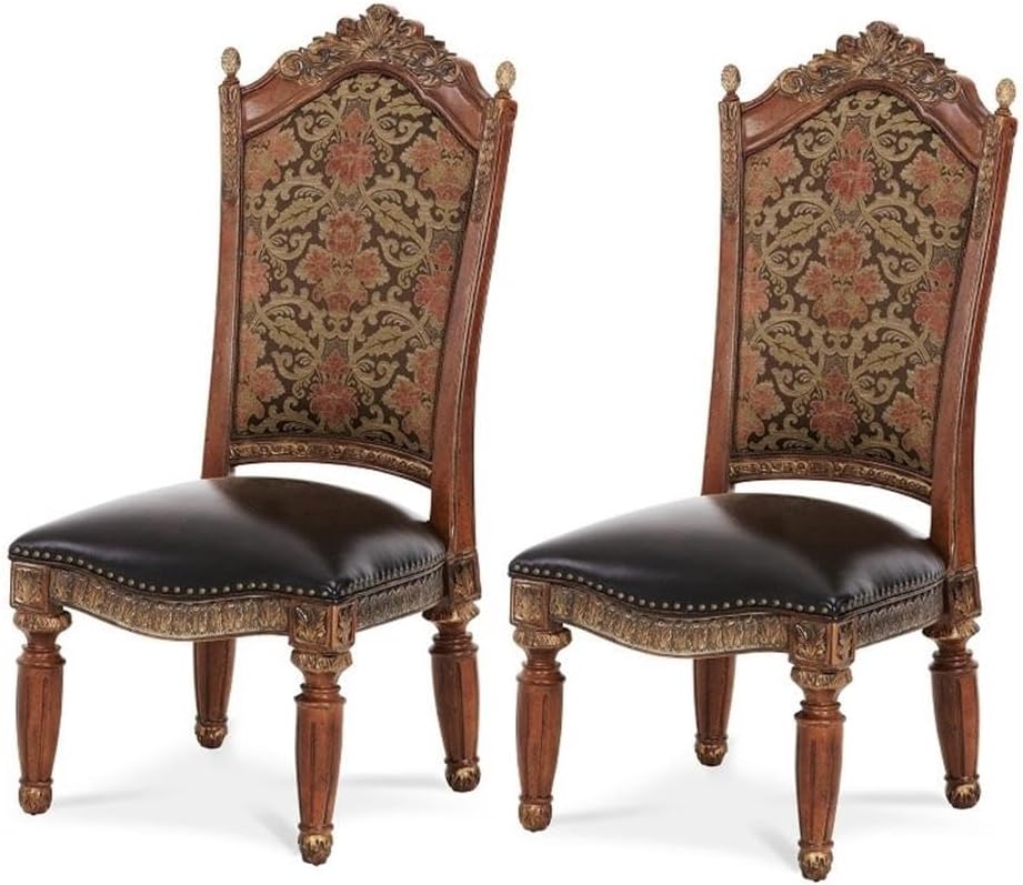 Pemberly Row Modern Dining Side Chair Set of 2, Birch Wood Construction, Chestnut Finish, Leather Seat with Nailhead Trim, Upholstered Backrest, Botanical Carvings, 49" H for Kitchen or Dining Room