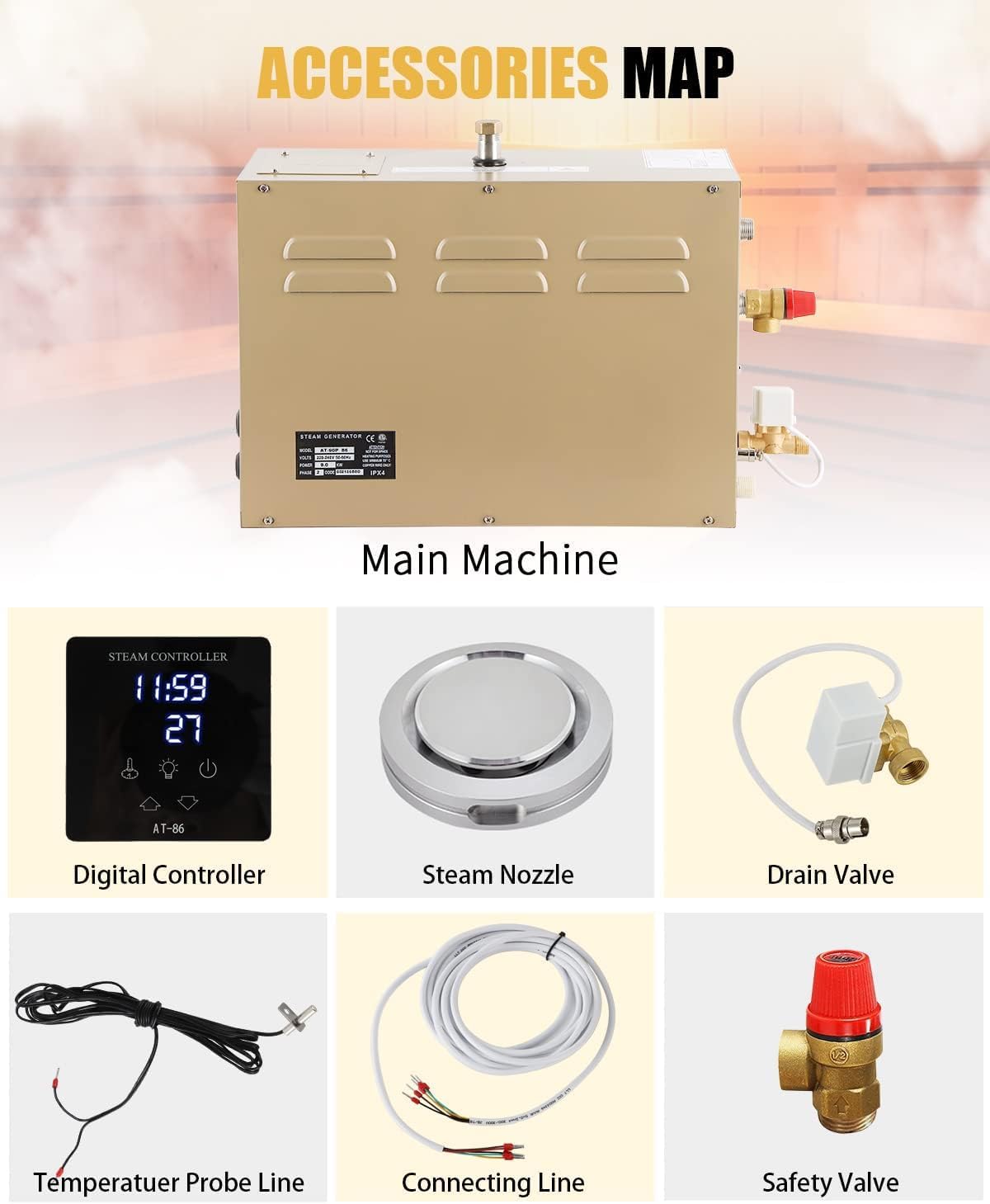 CGOLDENWALL 7.5KW Commercial Self-Draining Steam Generator Shower System Home Steam Bath Spa Generator 30 min to 12 Hours Auto Drain 95-131℉ for Suitable Space Heating 8 m³/283Cubic feet (7.5KW)