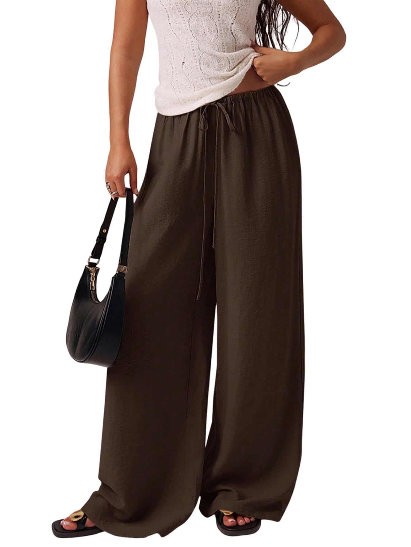 GORGLITTER Womens Wide Leg Palazzo Pants Casual Loose Lounge Linen Pants Boho Beach Trousers