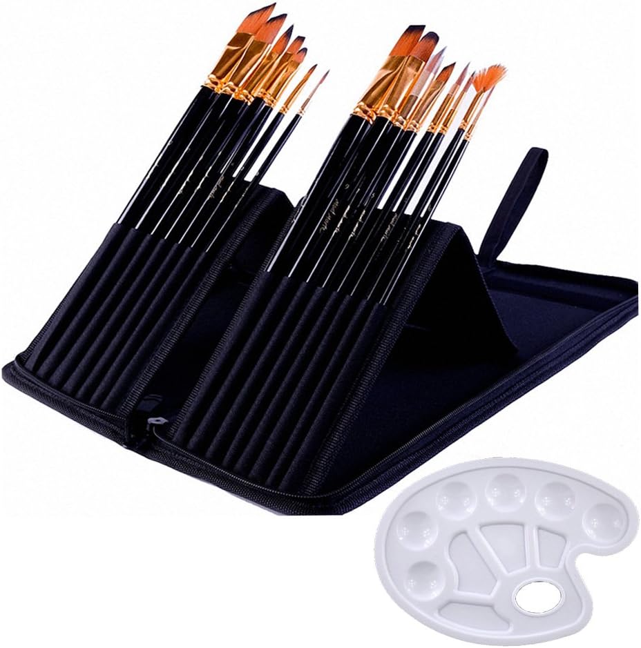SANNA 15 Pcs Detail Paint Brush Set Perfect for Acrylic Oil Watercolor Gouache and Face Painting with Travel Holder Carry Case for Student or Artists