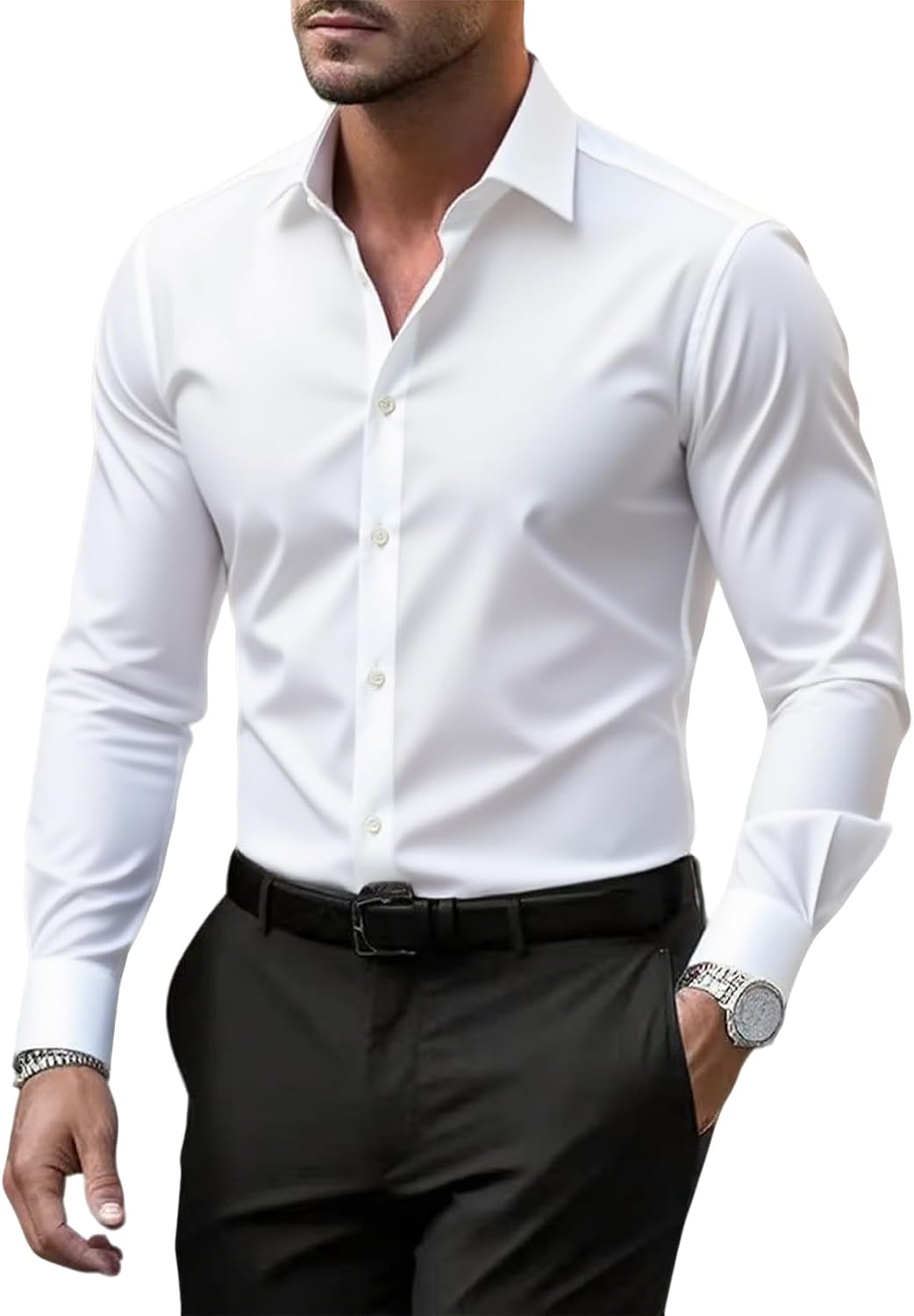 BUXKR Men's Wrinkle Free Slim Fit Dress Shirts Formal Long Sleeve Button Down for Wedding Business