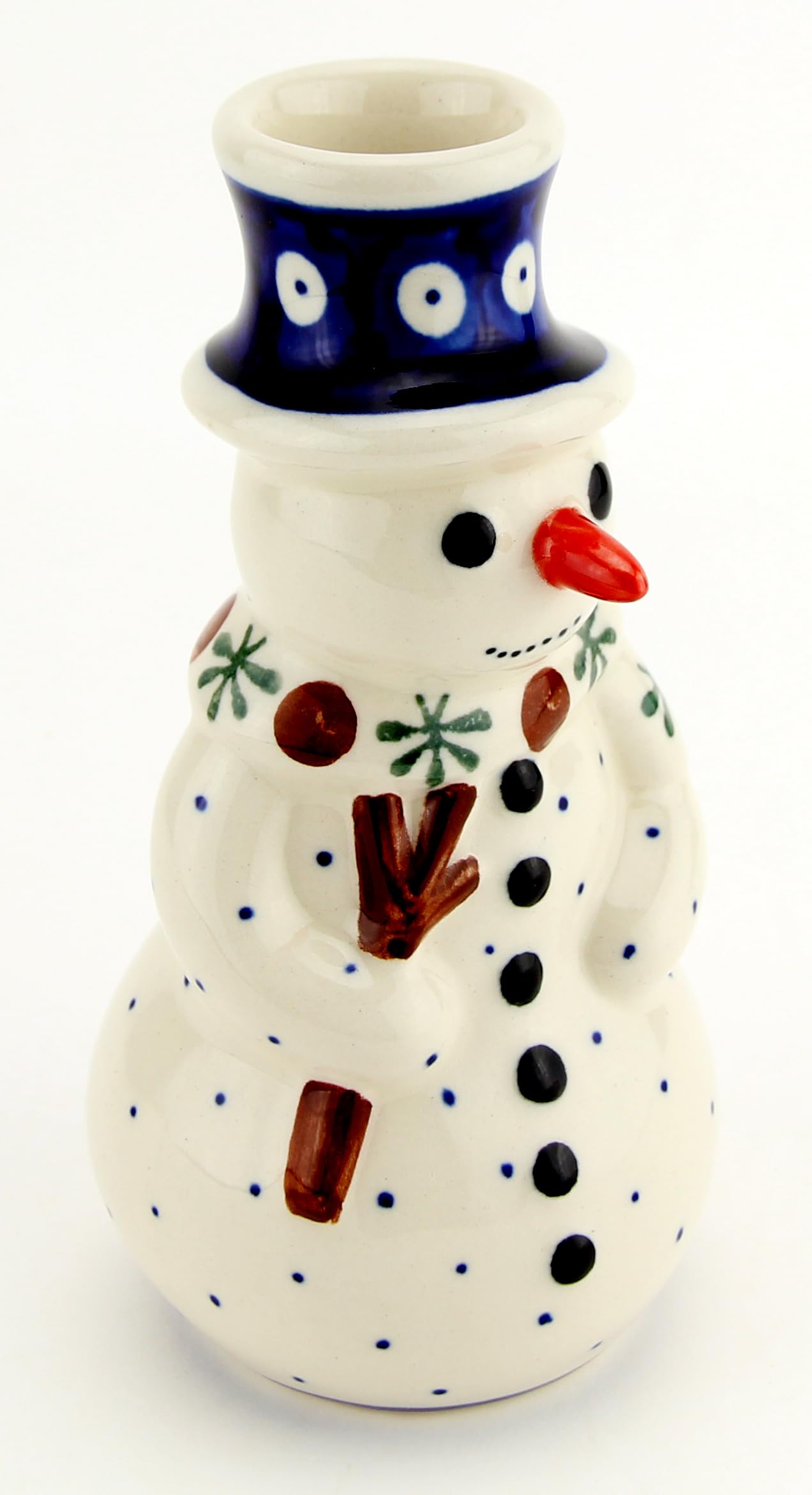 Polish Pottery Snowman Statuette Candlestick Holder - Zaklady Boleslawiec Poland - Nature Pattern - Height: 6
