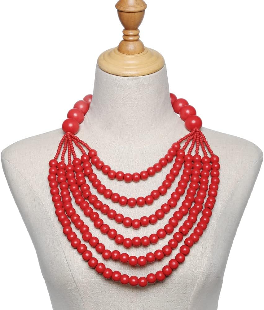 COLORFUL BLING Boho African Wooden Beaded Strands Necklace Ethnic Layered Chunky Collar Choker Wood Necklace for Women Hip Hop Statement Jewelry - Image 2