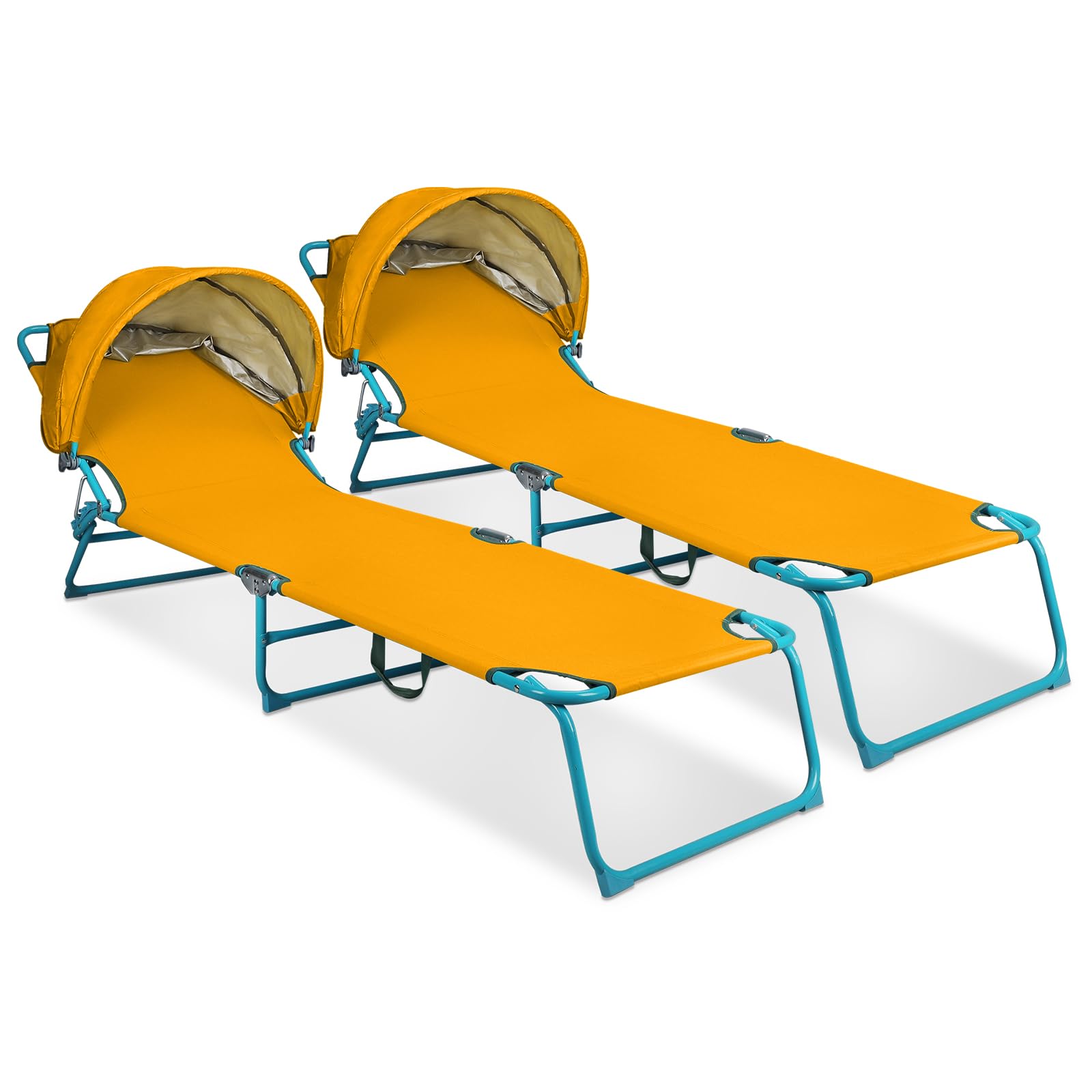 Northroad 2 Pack Outdoor Lounge Chair, Tanning Chair with Sunshade Roof, Adjustable Backrest Folding Chaise Lounge, Reclining Beach Bed for Beach, Camping, Hiking -Yellow