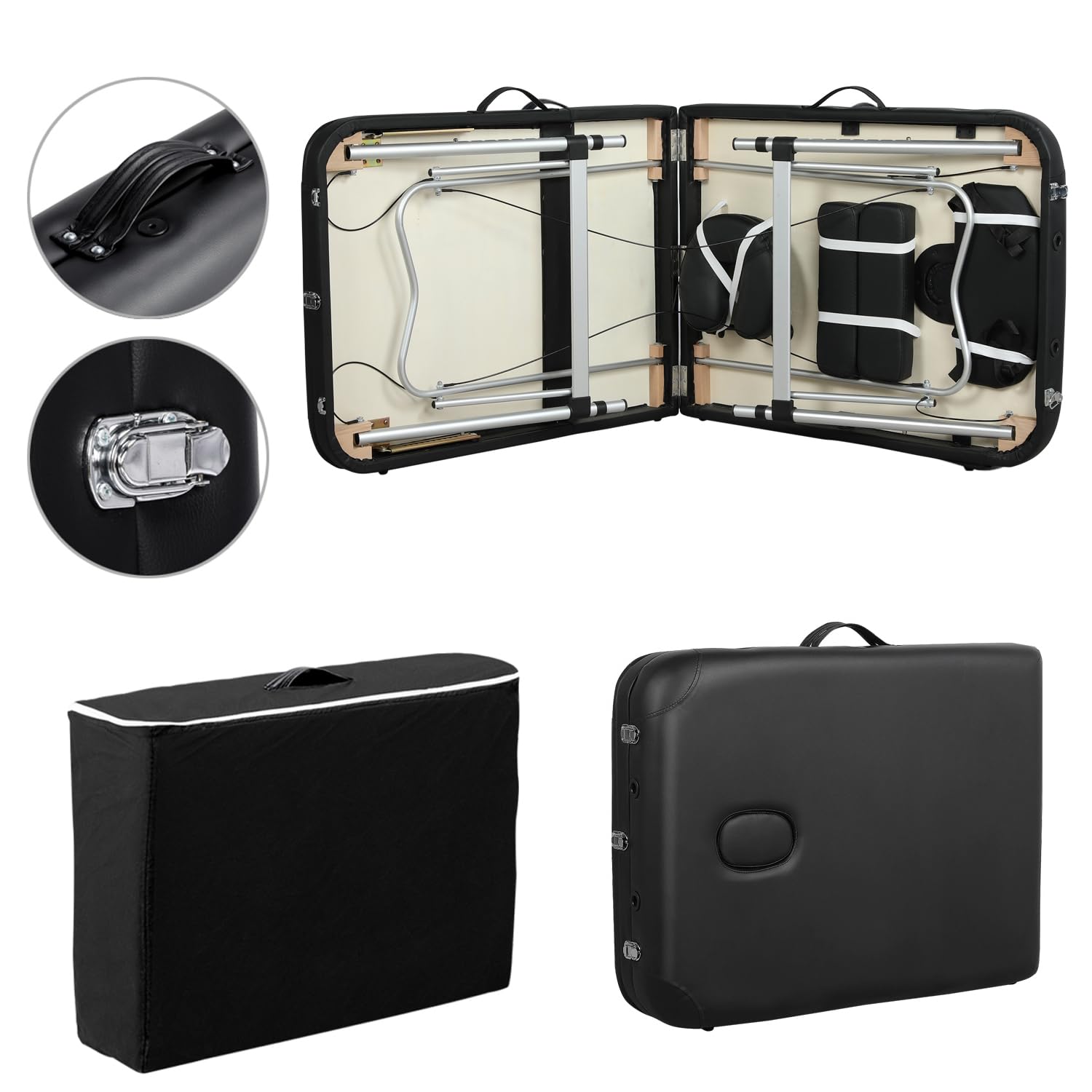 Lettino per Massaggio a 3 Zone 213 x 70 cm Professionale Portatile Fisioterapia Pieghevole in Alluminio Nero