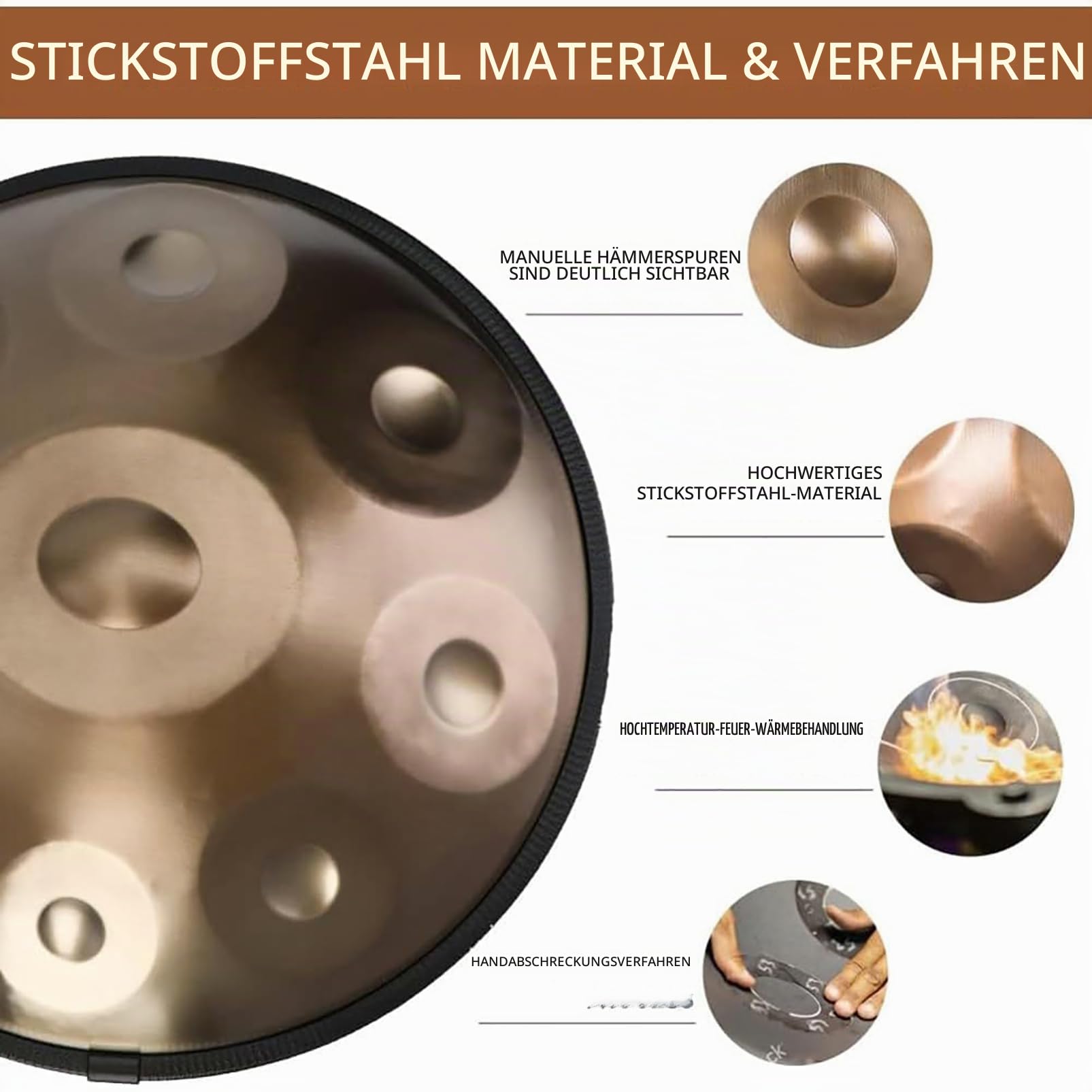 Handpan Drum Instrument, 22 Zoll Handpan Trommel Stahltrommel In D-Moll, 9 Noten 440Hz Percussion Musikinstrumente Handtrommel Set, Handgefertigt, Mit Tasche Schlägel Ständer - Gold