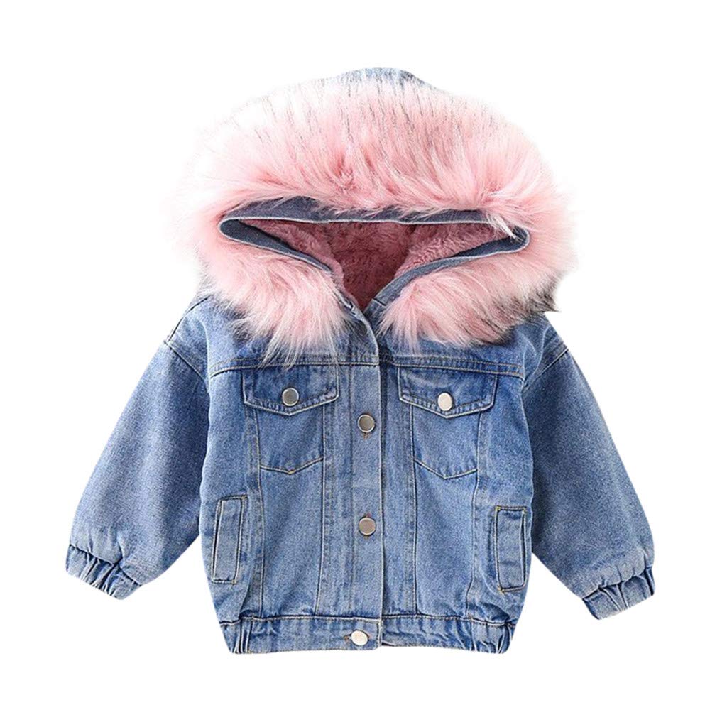Kleinkind Baby Jeansjacke Herbst Winter Kinder Mädchen Denim Outwear mit Kapuze Faux-Pelz Vlies Warmer Steppjacke Pelzkragen Starker Mantel (Rosa-B,110/3-4 T)