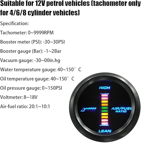 Miniatura 8 de AUCELI Medidor de vacío digital para automóvil, kit de medidor universal, 2 "2.047 in y pantalla de luz LED azul